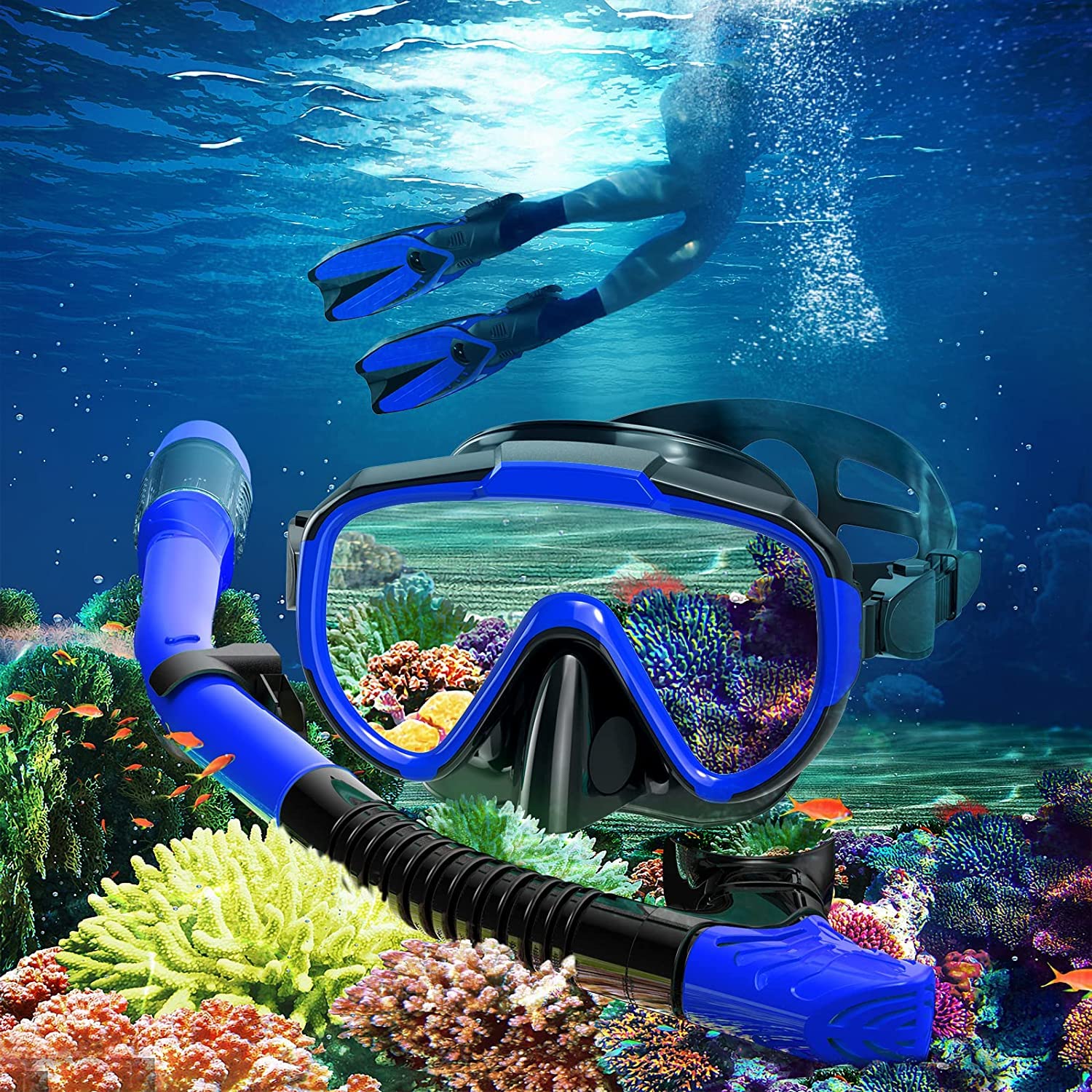 Jolfay Mask Fins Snorkel Set Snorkeling Gear for Adults Kids, Swim Goggles Panoramic View Anti-Fog Anti-Leak, Dry Top Snorkel and Dive Flippers Kit for Diving Scuba Swimming Freediving 4