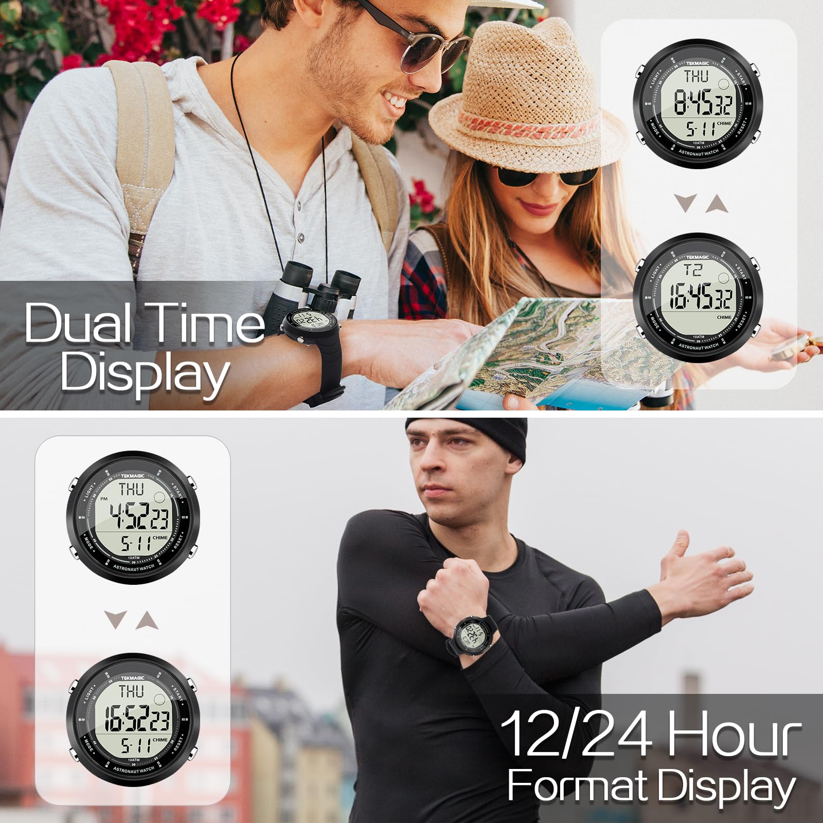 Orologio Polso per Nuoto e Immersioni Orologio Sportivo Impermeabile 10 ATM con Funzioni di Sveglia, Cronometro, Conto alla Rovescia, Doppio Fuso Orario, Formato 12 e 24 Ore, Cinturino in Silicone