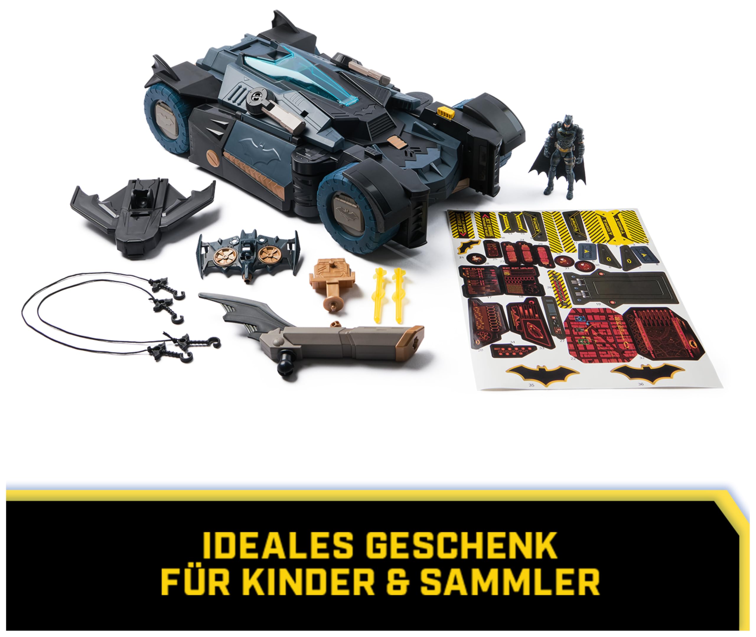 DC Comics - Ultimate Transforming Batmobile mit Batmanfigur (10cm), 1 Pfeil-Katapult, Lichteffekten, Soundeffekten, per Knopfdruck zur Batcave transformierbar. Ab 4 Jahren