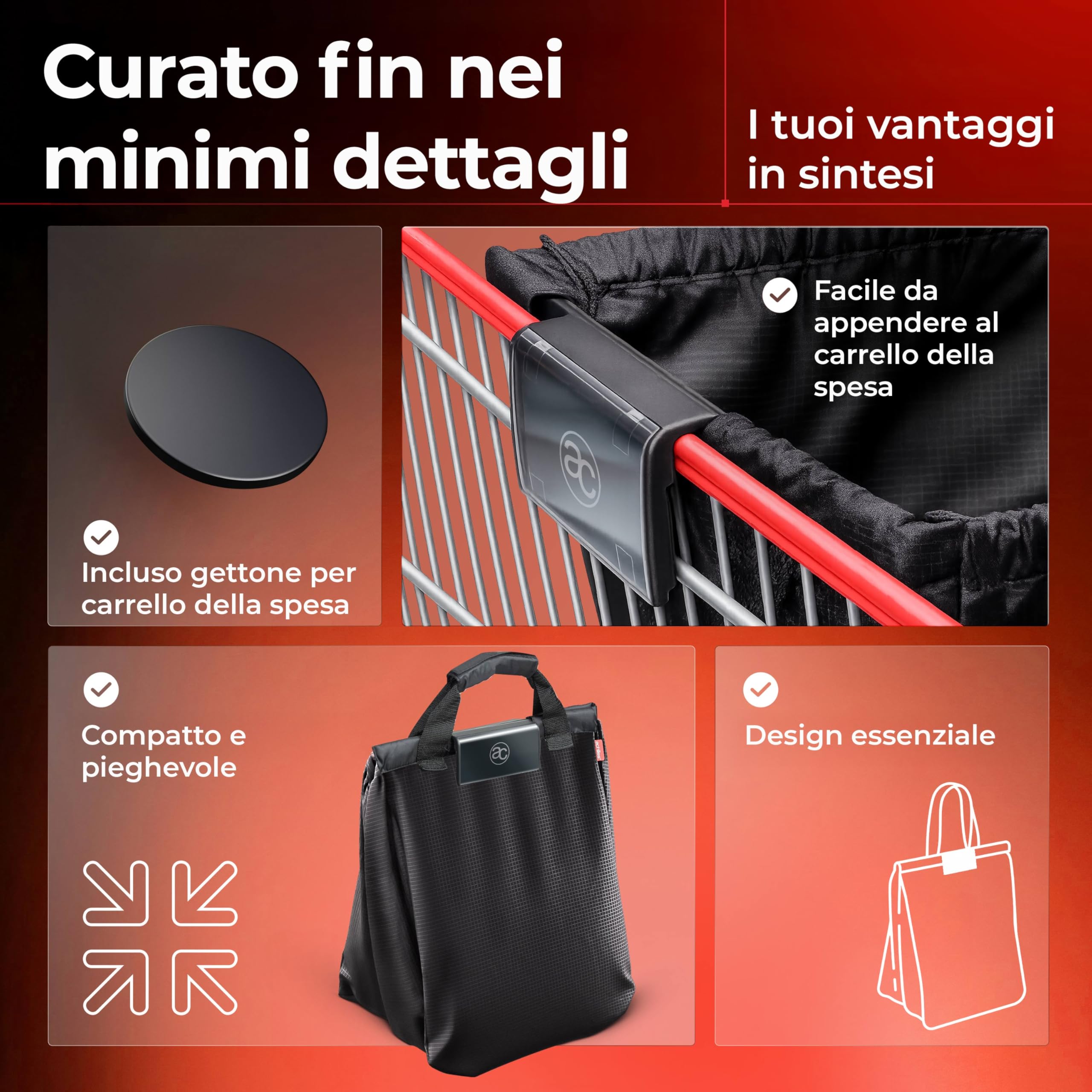 achilles Borsa Spesa Stoffa Pieghevole con Scomparto Raffreddamento e Porta Bottiglie - 40L Grande Shopping Bag - Nero - 54x35x39 cm