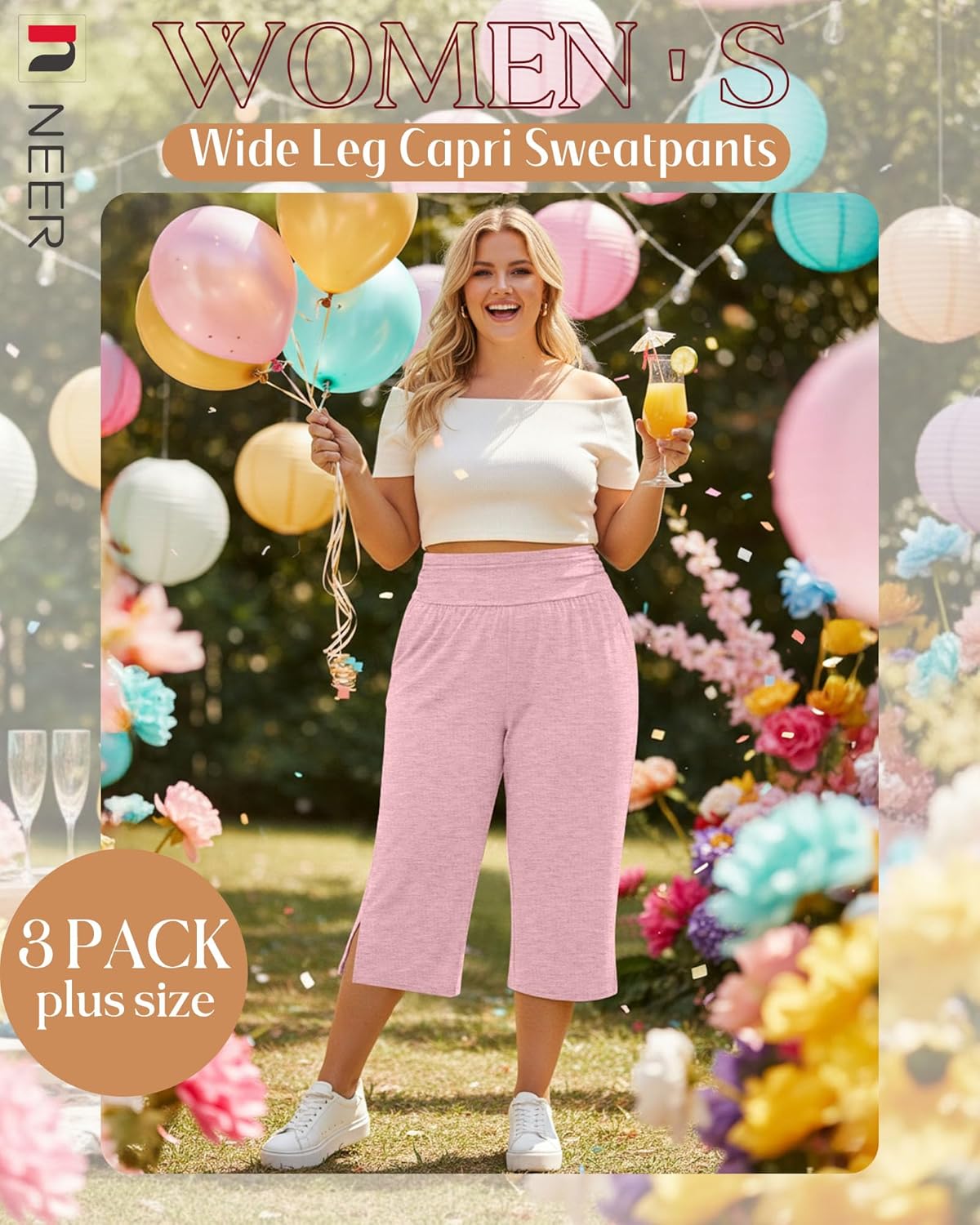 Neer 3 Pack Women's Plus Size Cotton Capri Pants High Waisted Wide Leg Loose Lounge Yoga Cropped Sweatpants with Pockets - Image 6