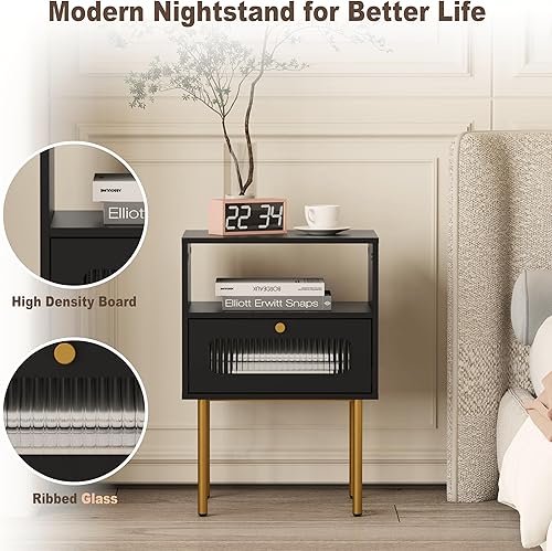 Miniatura 6 de Mesita de noche, mesa auxiliar moderna negra con cajón de almacenamiento y estante de madera abierto, mesa auxiliar pequeña con puerta decorativa de