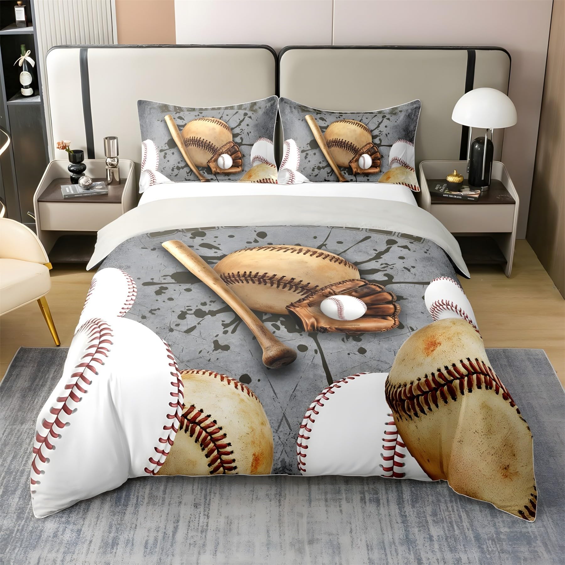 Balle de baseball parure de lit 200x200 housse couette microfibre gris béton