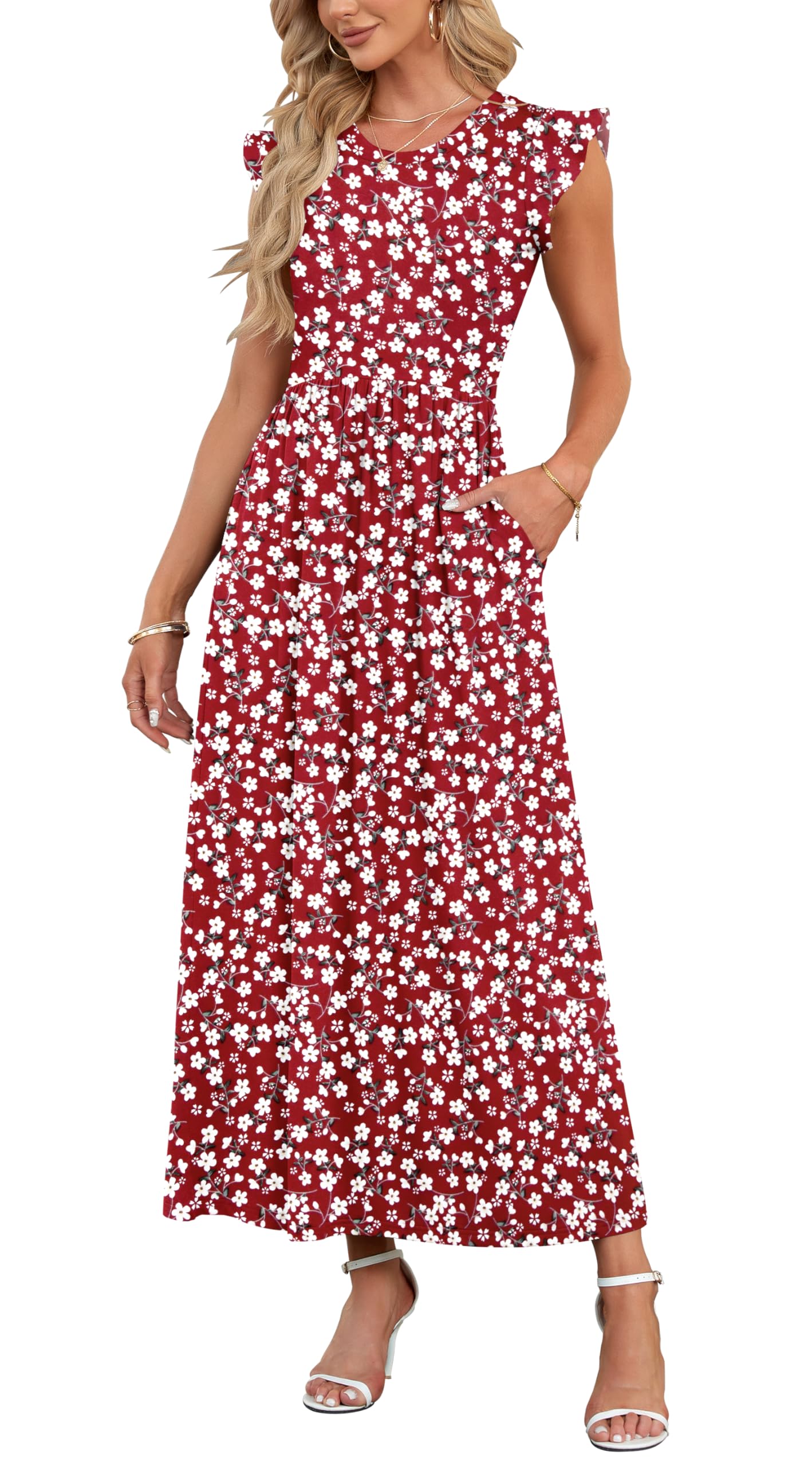 AUSELILY Damen Sommer Rundhalsausschnitt Maxi Kleid mit Taschen Kurzarm und Rüschen Lässiges Hohe Taille Langes Lockeres Bodenlanger Rock