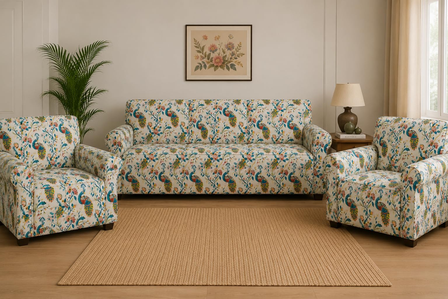 Gurnoor Sofa Cover One 3 Seater and Two 1 Seater Fully Covered Universal 5 Seater for Living Room Non-Slip Sticky Elastic Stretchable Couch Sofa Set Slipcover Protector(Royal Peacock)-picture-23