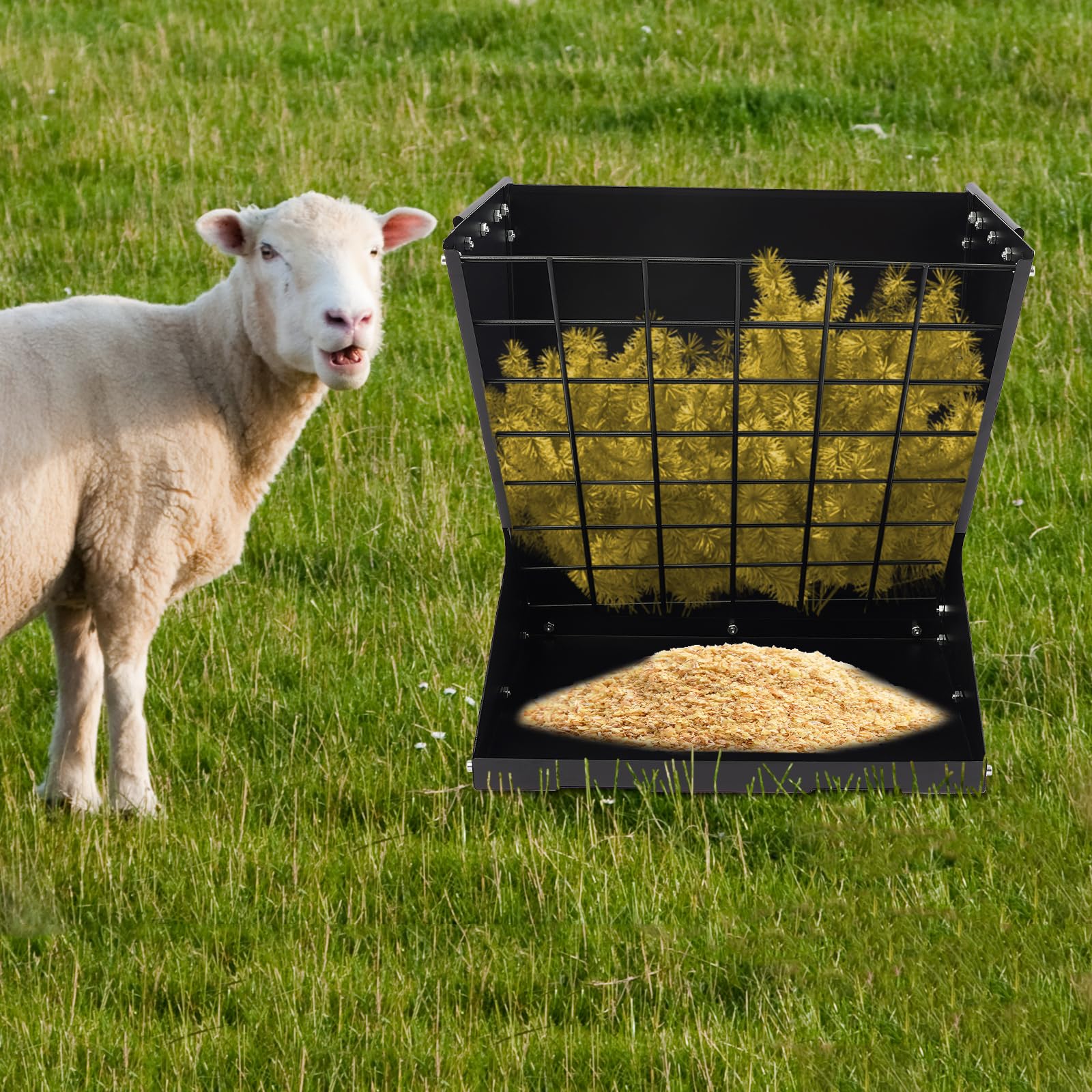 comedero de heno grande para caballos, ovejas y cabras, 2 en 1, heno y grano/comedero, comederos colgantes de ovejas con rejilla de ahorro de alimentos y ganchos para varios establos y corral (negro)