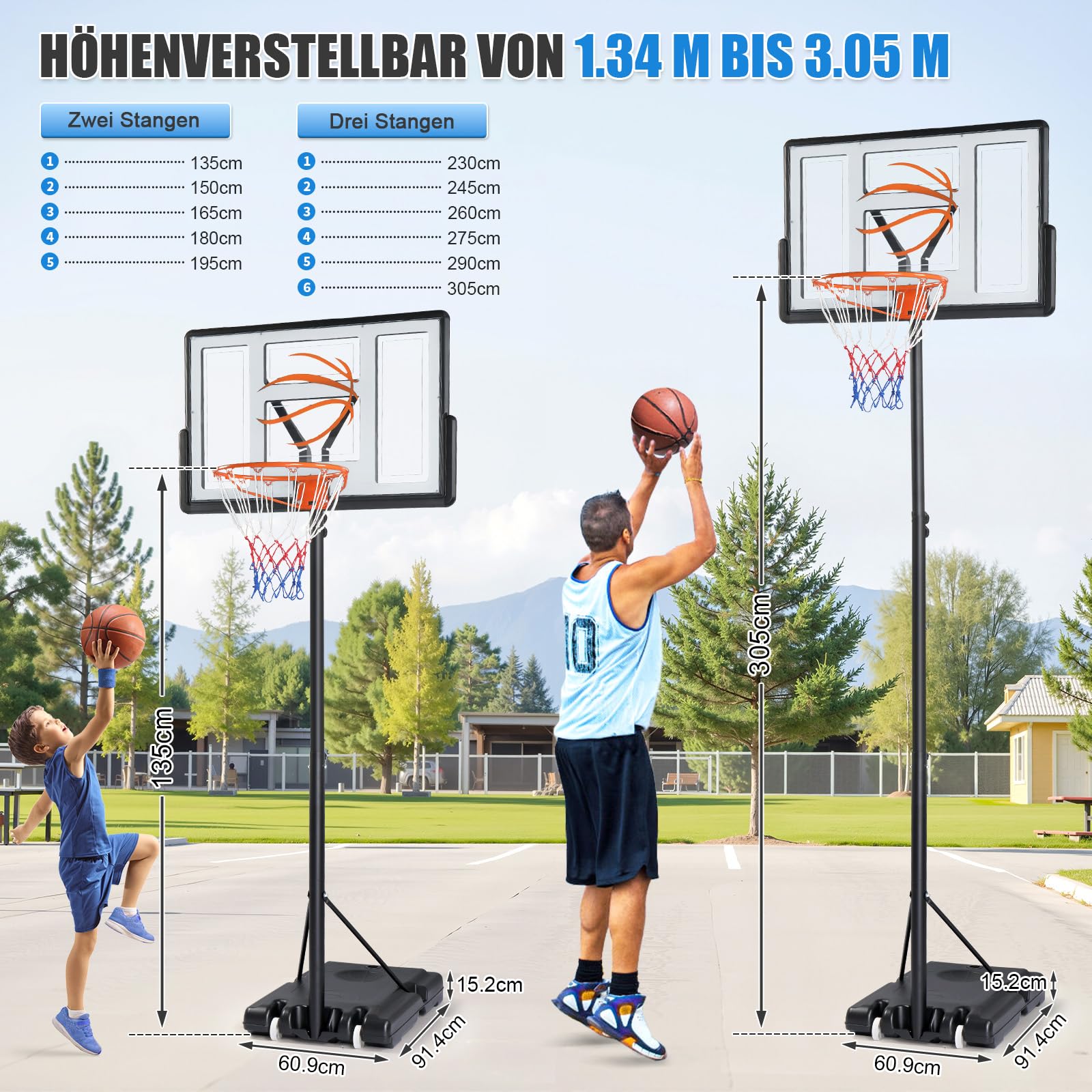 Basketballkorb Outdoor mit Ständer & Rollen, 135-305 cm Höhe, Basketball für Erwachsene & Kinder, Basketballständer Höhenverstellbarer für Garten und Hof
