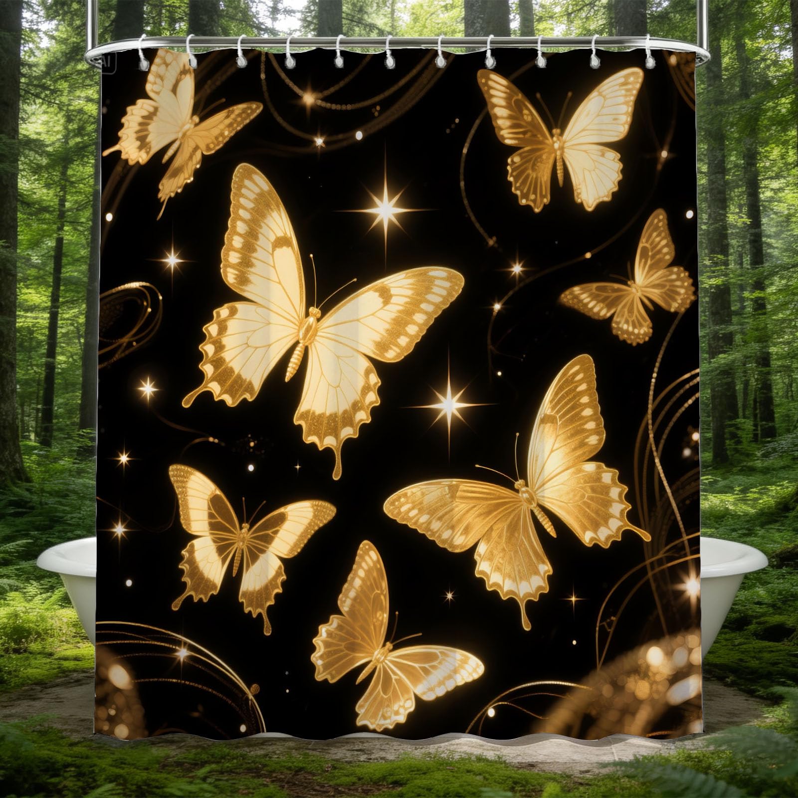 Hongduo 3D Golden Butterfly Shower Curtain for Stalls Bathtubs Starlight Bathroom Decor Shower Curtain Set Polyester Fabric Waterproof 200x200cm/79X79 Inch with Hooks