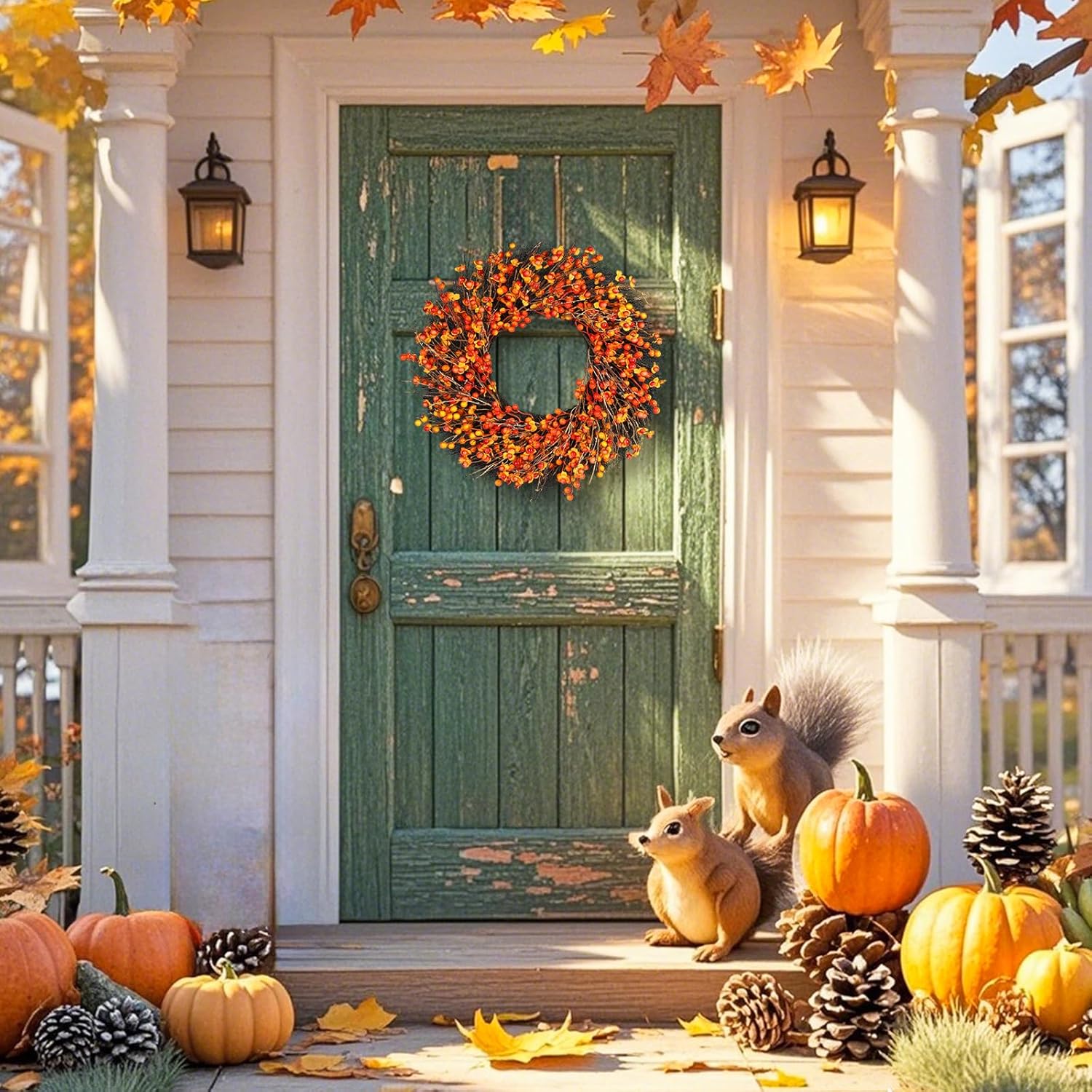 Fall Wreaths for Front Door, 24-26 Inch Fall Wreath with Berry Accents, Fall Door Decoration, Weather-Resistant Outdoor Harvest Wreath for Home Entryway