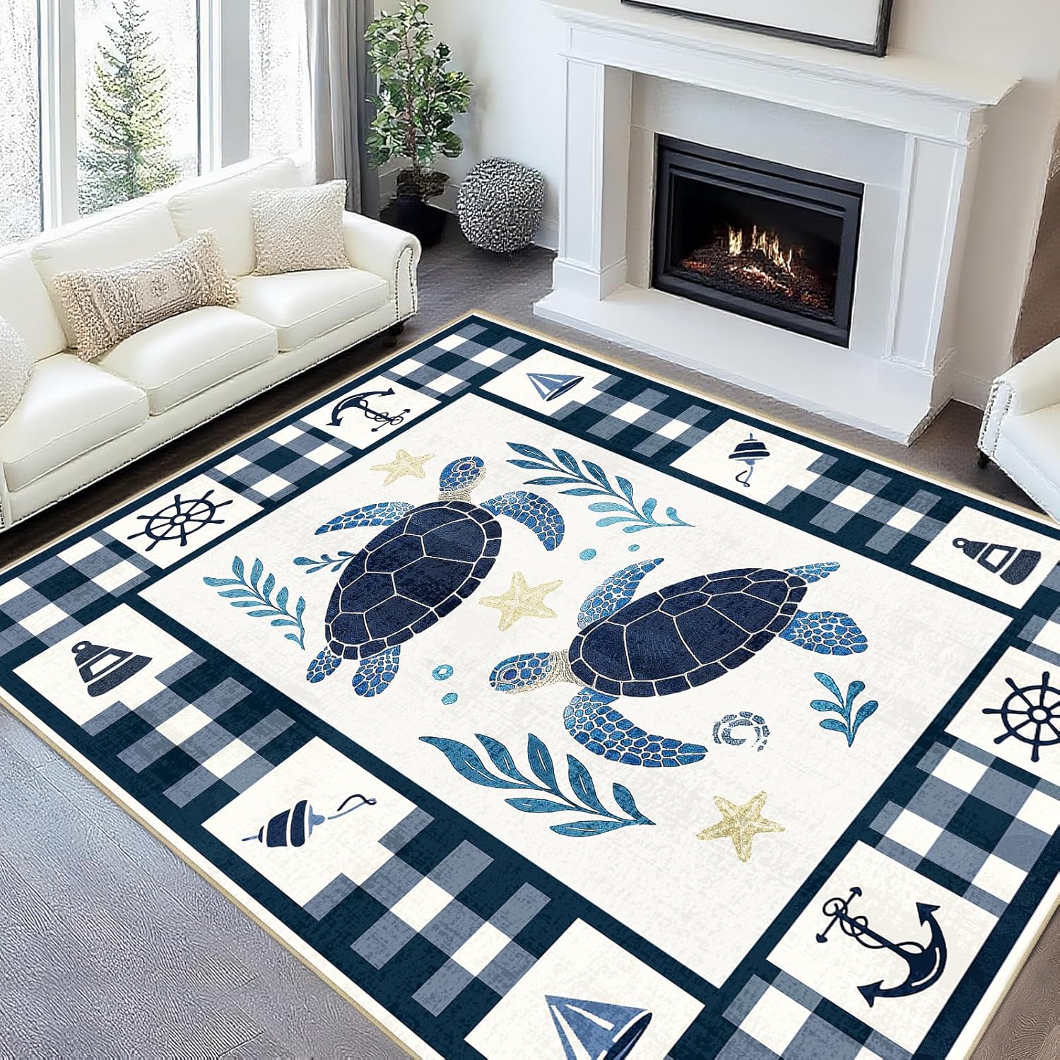 Coastal 5x7 Area Rug Nautical Sea Turtle Rugs Machine Washable Non-Slip Low-Pile Ocean Floor Carpet Beach Mat for Living Room Bedroom Dining Room Office