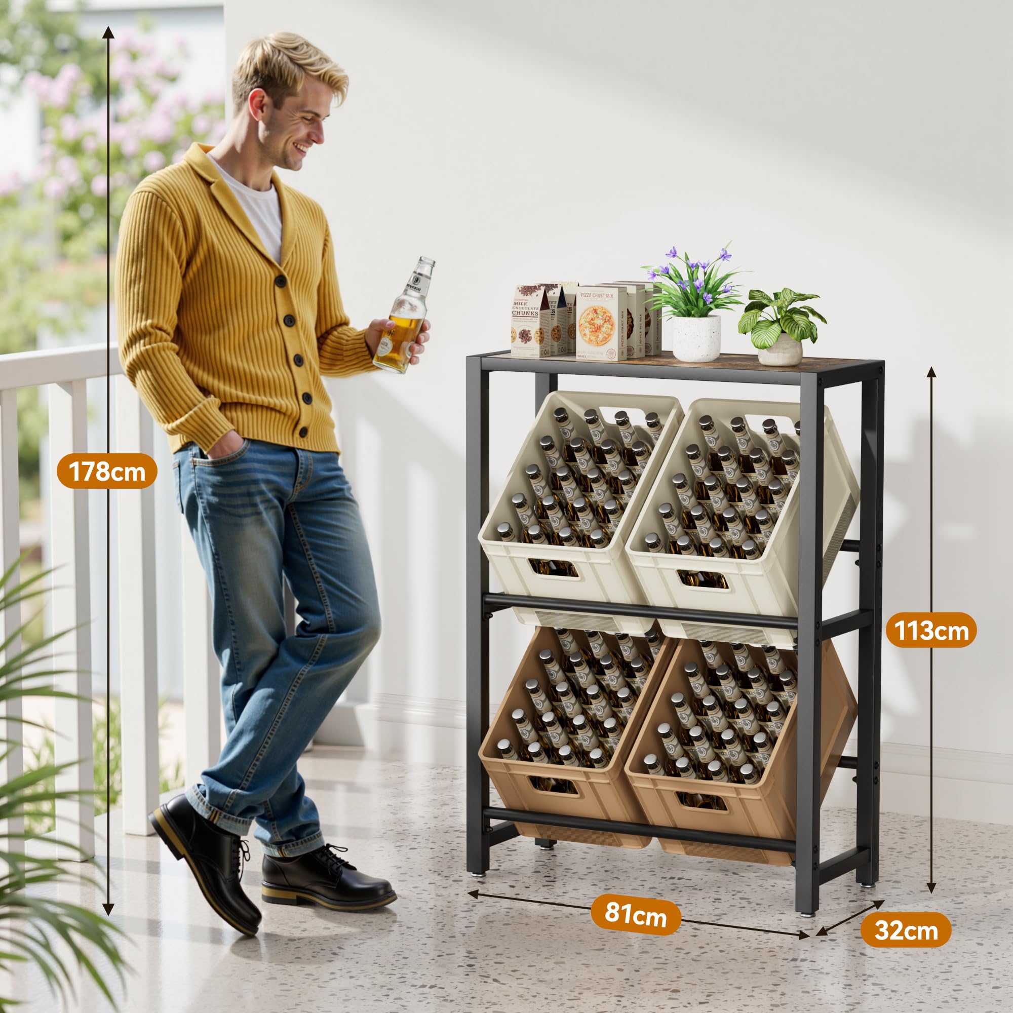pickpiff 4 Kästen Getränkekistenregal mit Ablage - Schwarz Metall Getränkeregal, Stabil & Platzsparend Kistenregal mit 2 Ebenen für Bier, Wasser, Getränken - Für Wohnzimmer, Küche & Keller