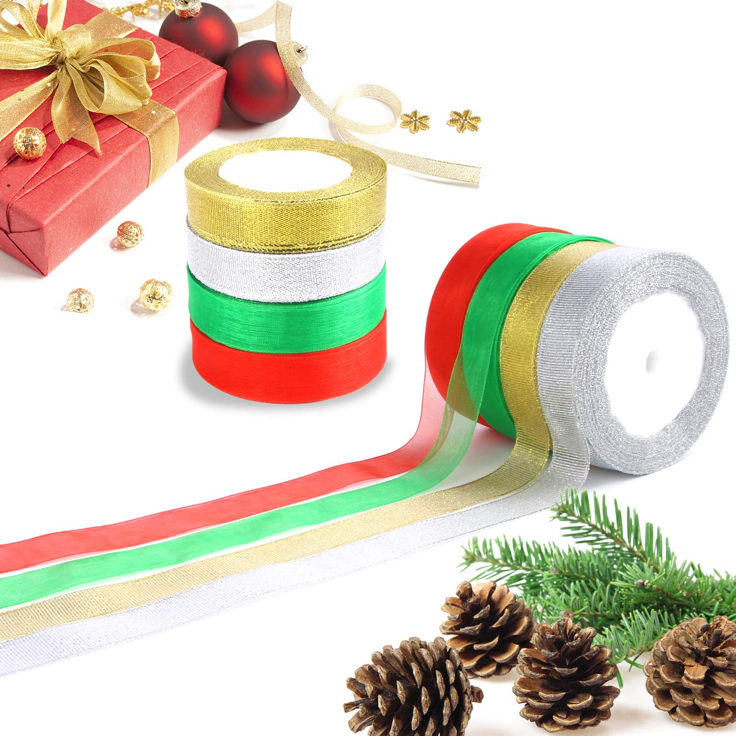 DECYOOL Christmas Ribbons - 4 Rolls Metallic Glitter Organza Gift Wrapping Ribbon (150 Yards Total)