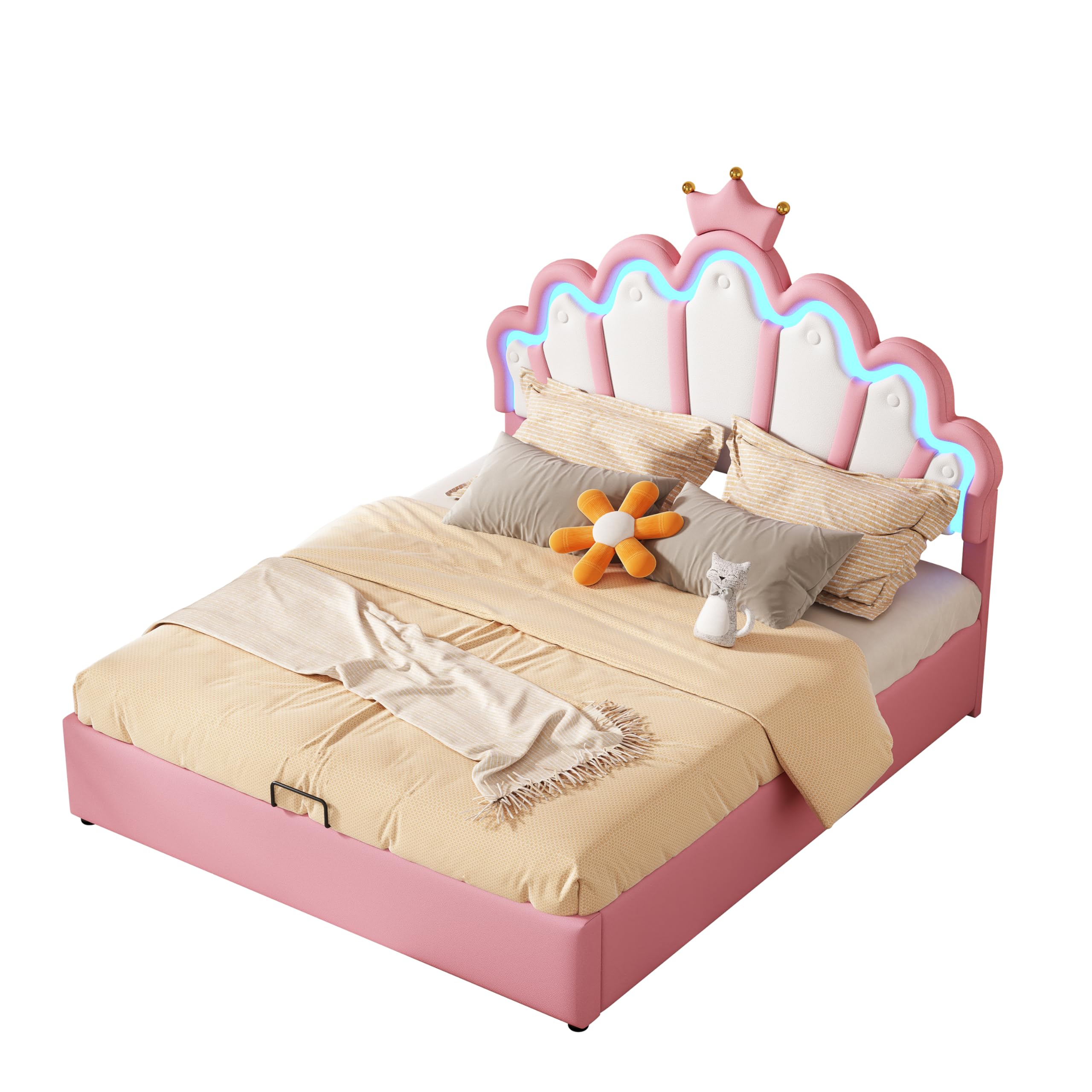 Canapé Abatible 140x200 cmde Cuero Sintetico con Estructura de Cama con Sistema Hidraulico de Almacenamiento Cabecero Acolchado de Nube Elegante para Dormitorio Matrimonial Rosa