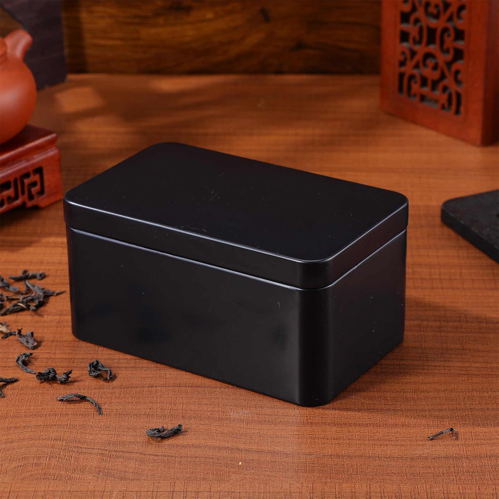 jojofuny Caja de Hojalata Organizador Compacto Rectangular Negra para Almacenar Té Bordes sin Costuras y Cierre Fácil para Almacenamiento Hogar y Viajes