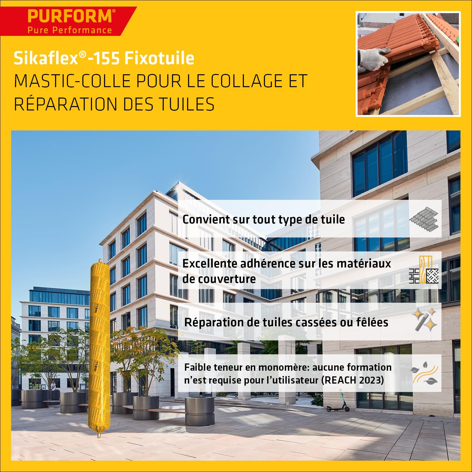 SIKA - Mastic tuiles - Sikaflex 155 Tuiles - Terre Cuite - Carton 12x400ml | Mastic-colle souple polyuréthane - Réparation et collage de tuiles - Tous types de tuiles