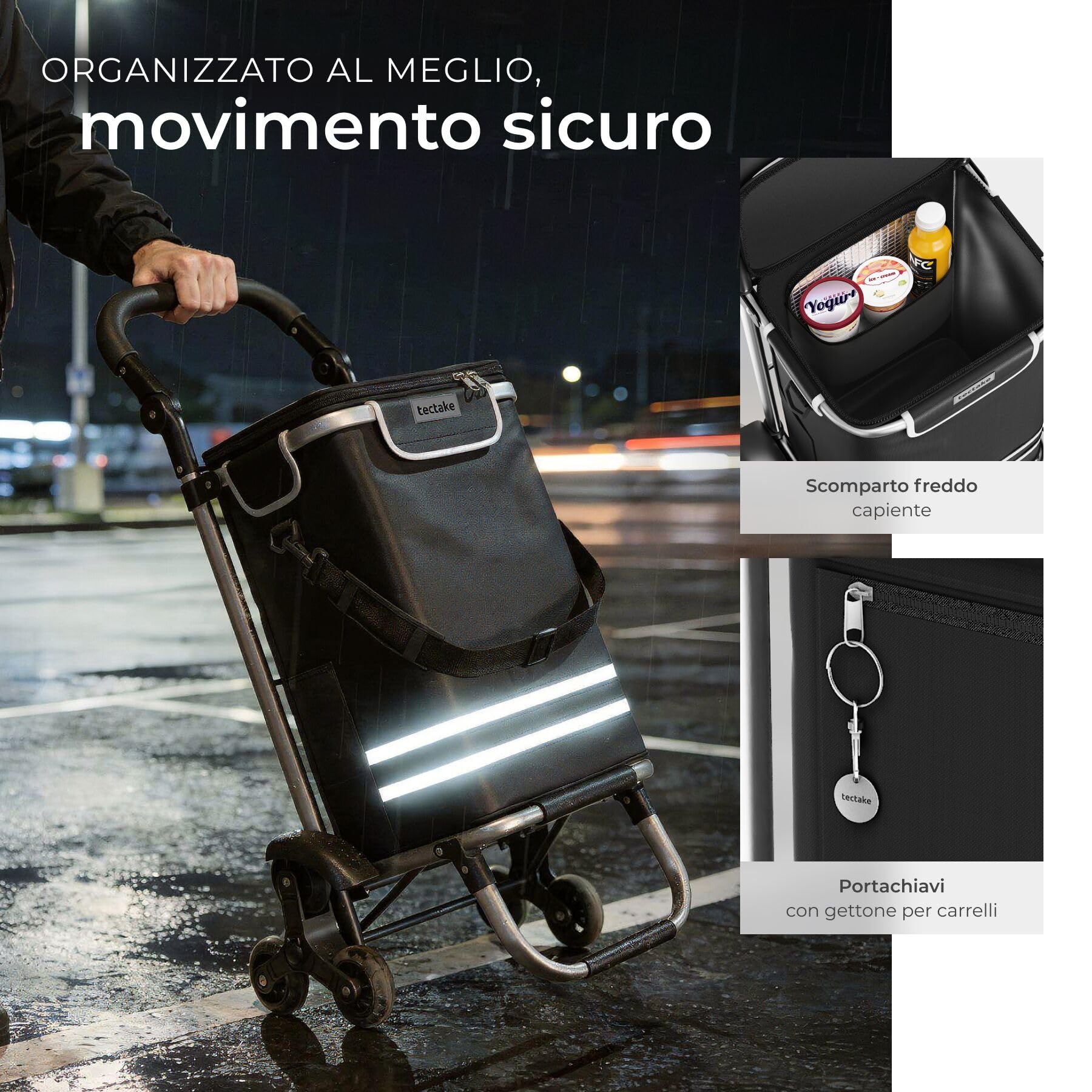 tectake® Carrello Spesa Shopper 3 in 1, Trolley Pieghevole con Borsa Termica per Surgelati, Carrello con Ruote Portatutto, Carrellino Spesa Con Ruote a Stella, Capacità max 30 kg / 56 L - Nero