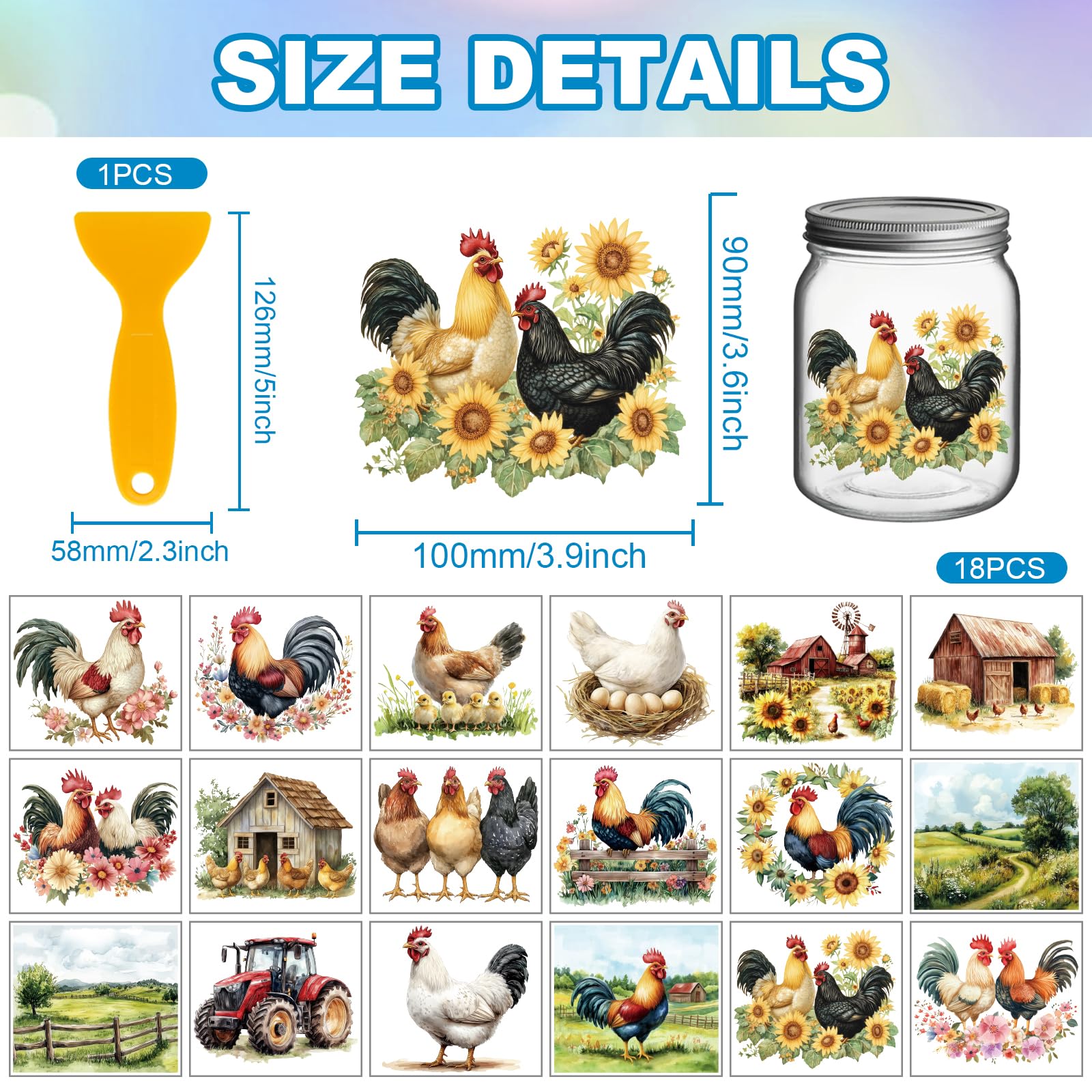 GLOBLELAND 18 Sheets Farm Chicken Transfer Stickers 3.9x3.6inch Rooster Colorful Transfer Decal House Truck Rub on Transfer for Furniture Vase Glass Art Crafts Decorations - Image 2