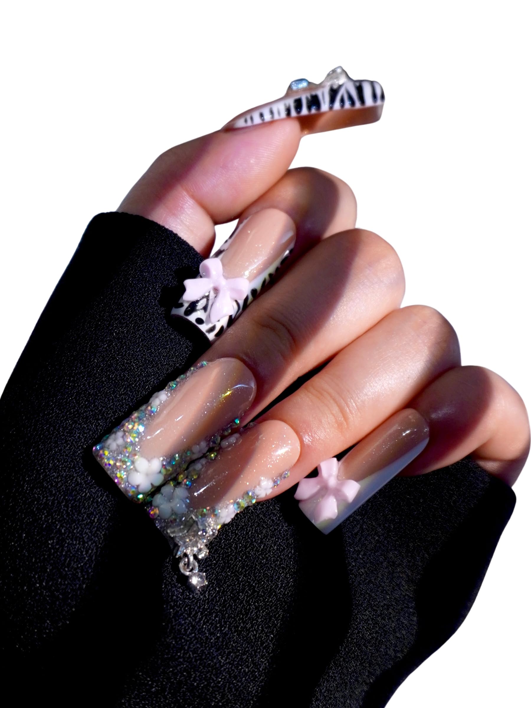 HAND-PAINTED White Press Ons Neon Small Press on Nails Long French Press on Nails Coffin Medium Short Nail art Fake Nail Art Kit with 7g Glue on Nails