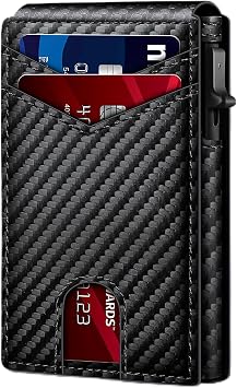 RFID Blocking Pop Up Card Holder for Men, Carbon Fiber Texture Slim Wallet with Automatic Card Ejection, Multiple Card Slots Magnetic Closure, Compact Secure Bifold Wallet arbon Fiber