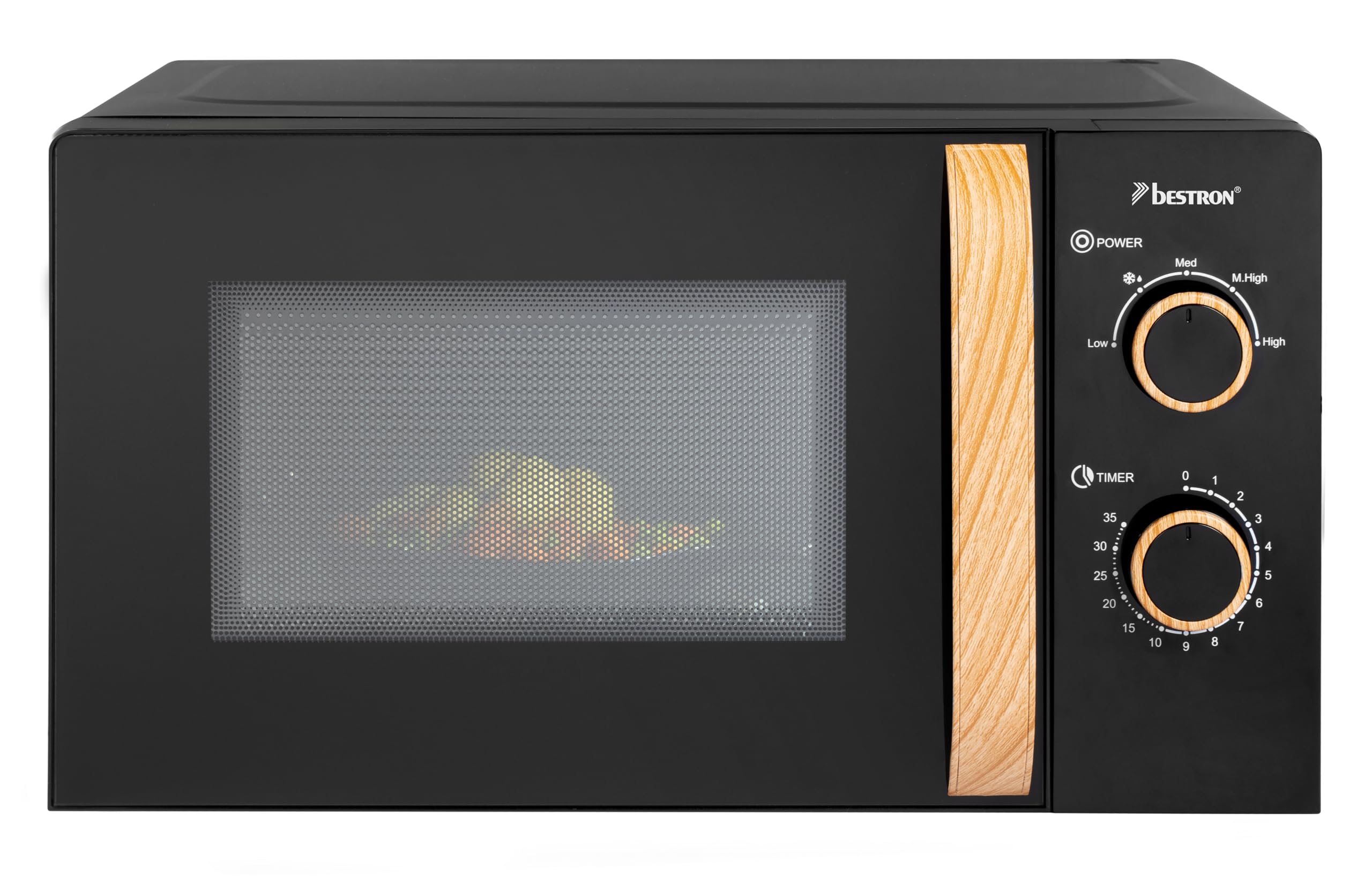 Bestron Four à micro-ondes, 700 W, panneau de commande en deux parties avec 5 niveaux et 35 min. minuterie, réglable en continu, avec plateau tournant de 25,5 cm pour toutes les tailles courantes