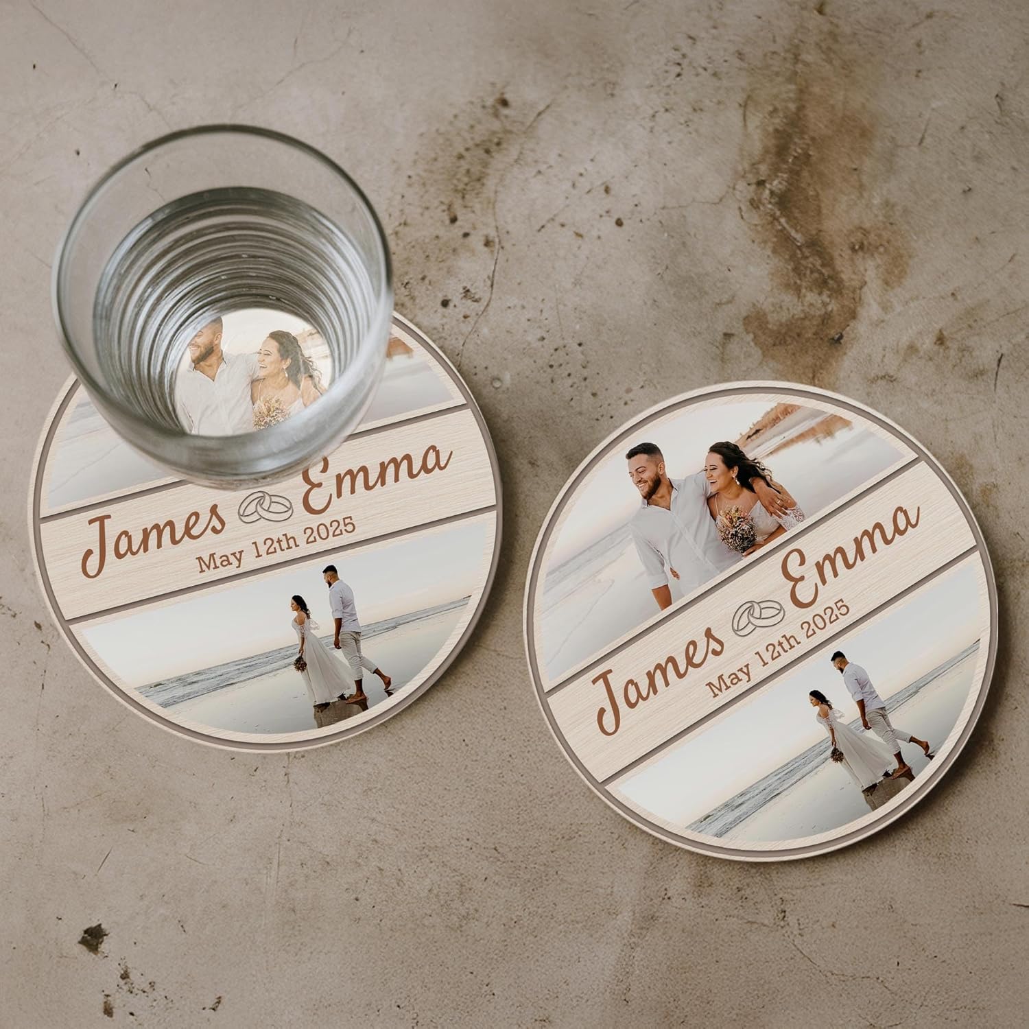 100 Pack Personalized Wedding Coasters, Custom Cardboard Coasters for Drinks with Photo Print and Text, Keepsake Wedding Favors and Gifts for Couples, 3.95" Round (Design 8)