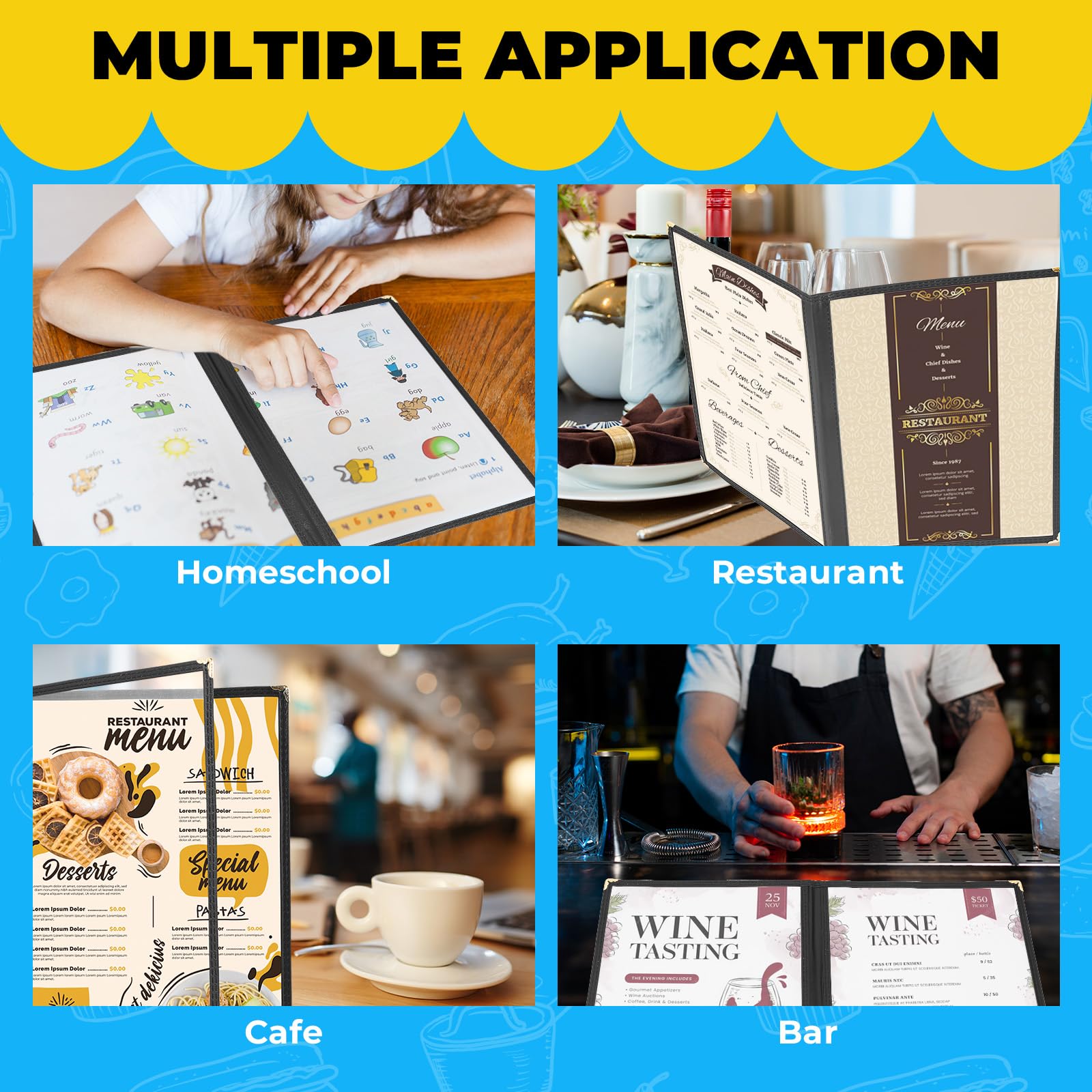 DASBET Protège-menu A4 pour menu de restaurant, 2 pages, 4 vues transparentes, chemises de menus noires avec protections d'angle en métal, convient pour les restaurants, bars, cafés (10, 2 pages, 4