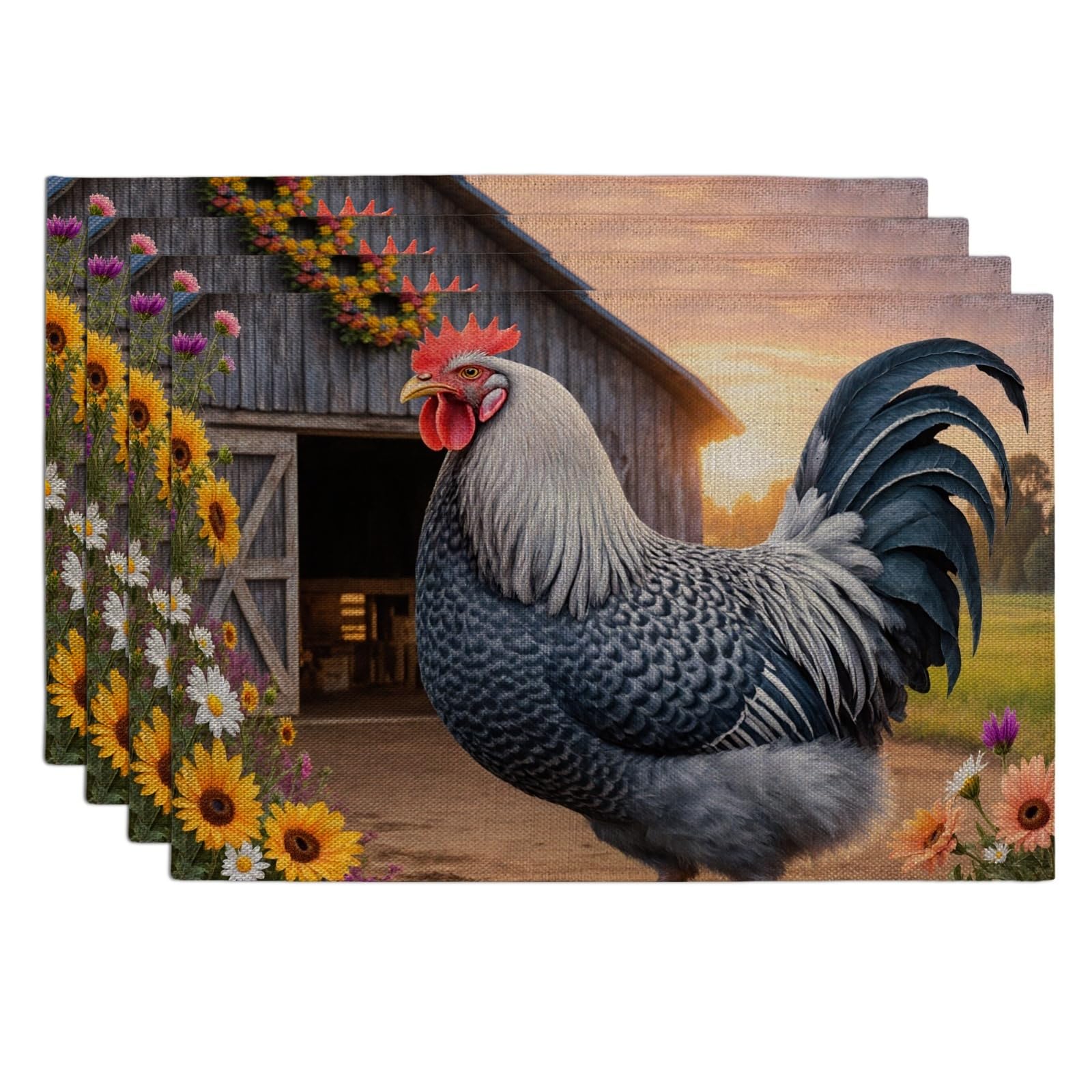 Rustic Rooster Placemats, Floral Country Kitchen Table Mats for Dining, Spring Farmhouse Non-Slip Washable Indoor Outdoor Decorative Placemat Set of 4