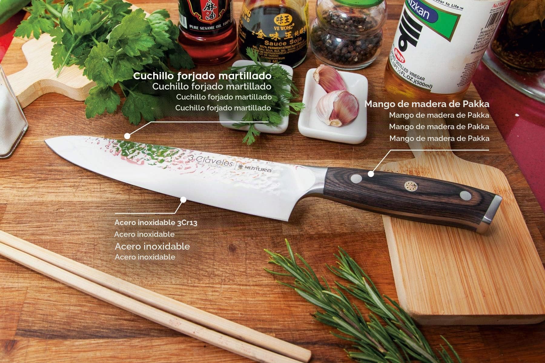 3 Claveles Juego de cuchillos de cocina profesionales de cocina de acero inoxidable + tijera de cocina con + taco de fibras, Juego 3 Cuchillos + Tijera + Taco KIMURA