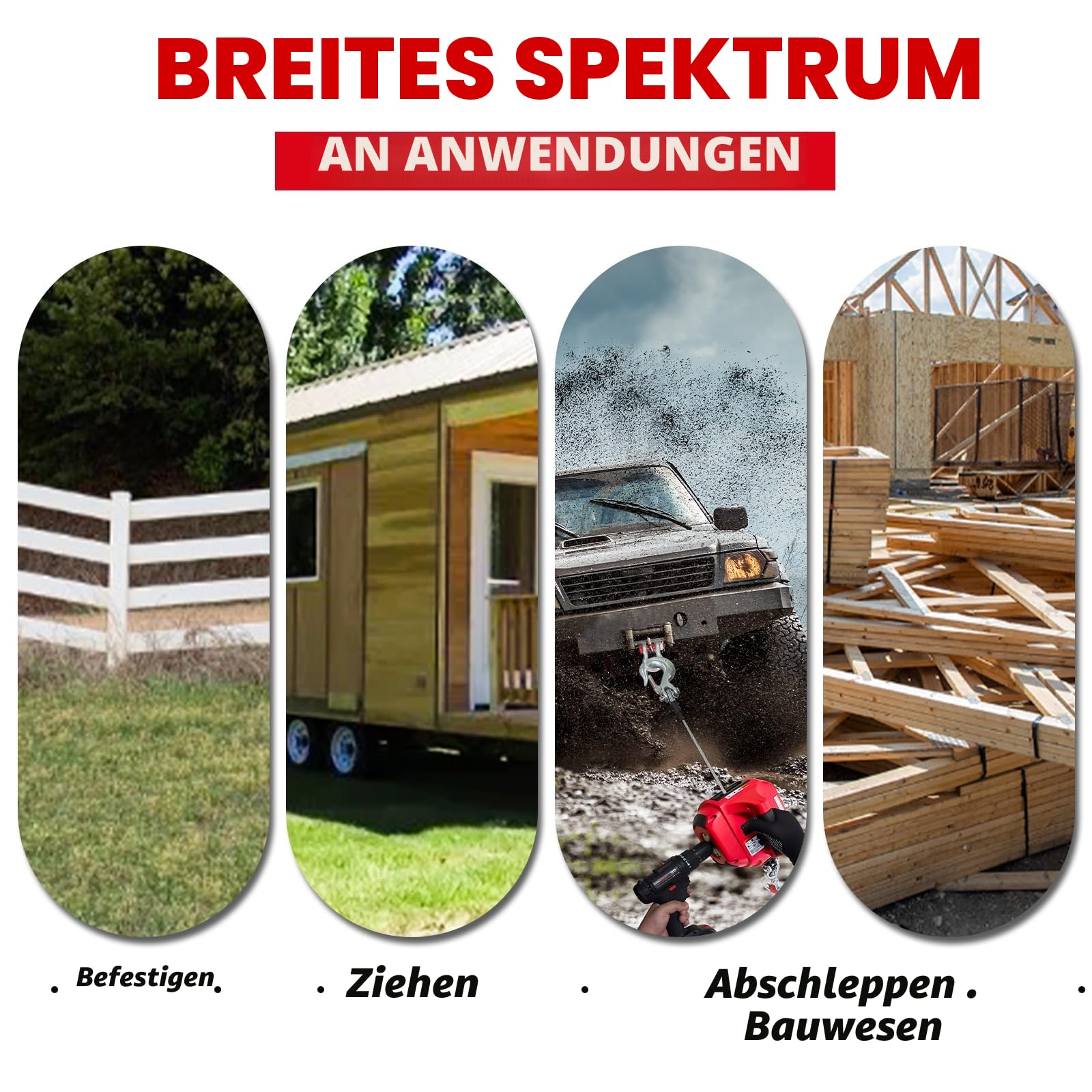 Tragbare Bohrwinde, 453,6 kg, bohrbetriebene Seilwinde mit Stahldrahtseil, 12 m, Bohrwinde zum Heben, Schleppen, Handling, Anhänger (rot)
