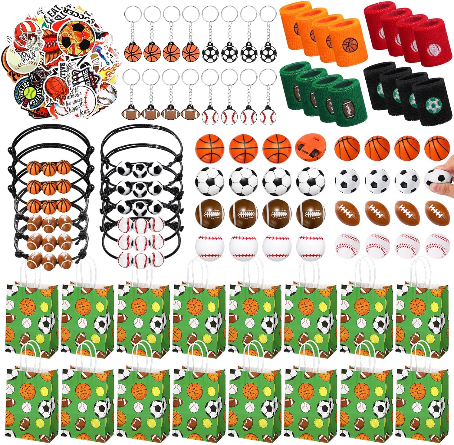 Aoriher 162 Pcs Sport Party Favors, Sport Gift Bag Fillers Foam Basketball Soccer Baseball Football Tattoo Stickers Keychains Sticker Charm Bracelets Wristband Pull Back Cars for Party Supplies