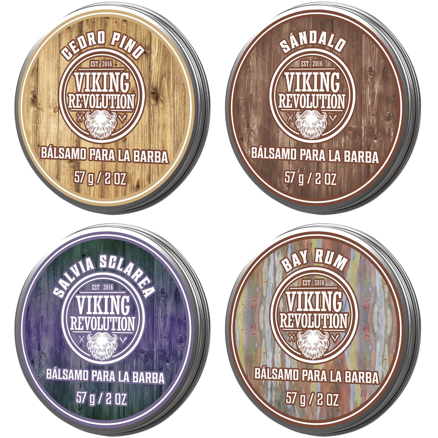 Viking Revolution - Balsamo Barba Hombre Paquete de 4 - Estiliza, Fortalece y Suaviza Balsamo Barba Sin Enjuague - Sandalo, Pino y Cedro, Ron de la Bahia, Salvia Sclarea - 28 g Cada Uno