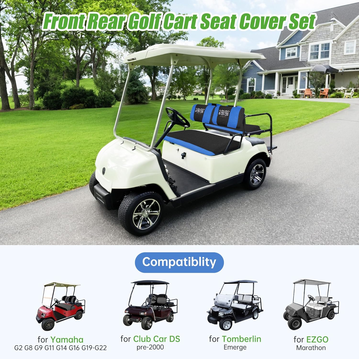 10L0L Golf Cart Front Rear Seat Covers for Yamaha G2 G14 G16 G19 G22, Club Car DS pre-2000, Tomberlin Emerge, EZGO Marathon, Made w/ 3D Air Mesh Polyester Fabric Breathable Washable - Blue and Black