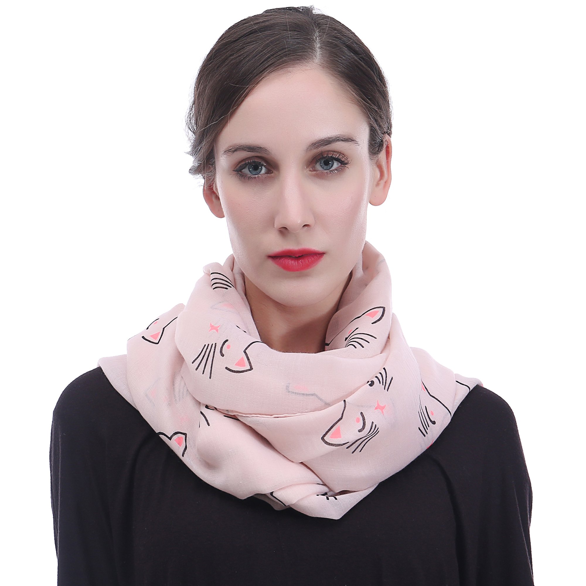 Lina & Lily Women's Light Pink Cat Print Infinity Scarf Snood Lightweight (Light Pink)