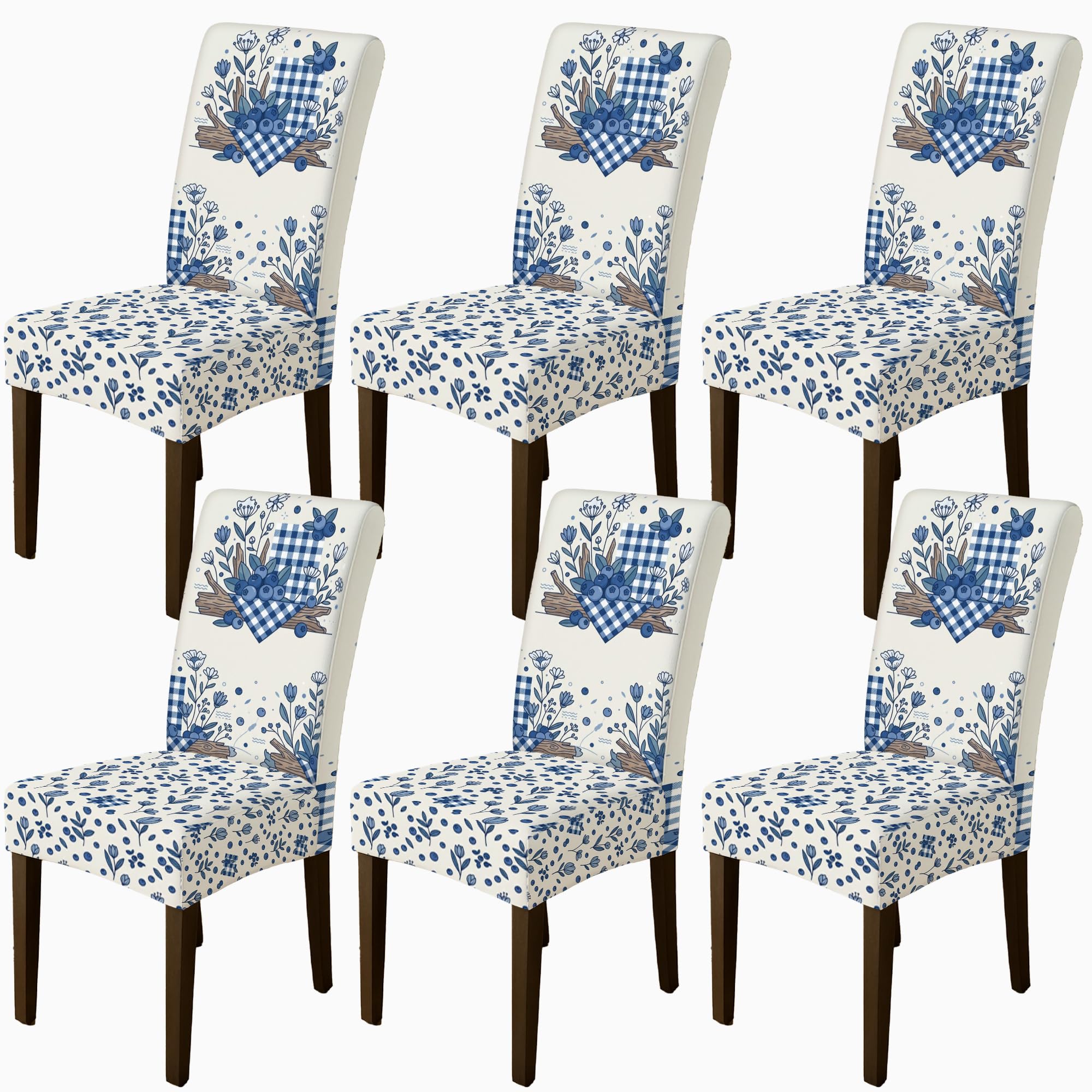 Housse de chaise de salle à manger lavable : lot de 6 protections motif floral bleu