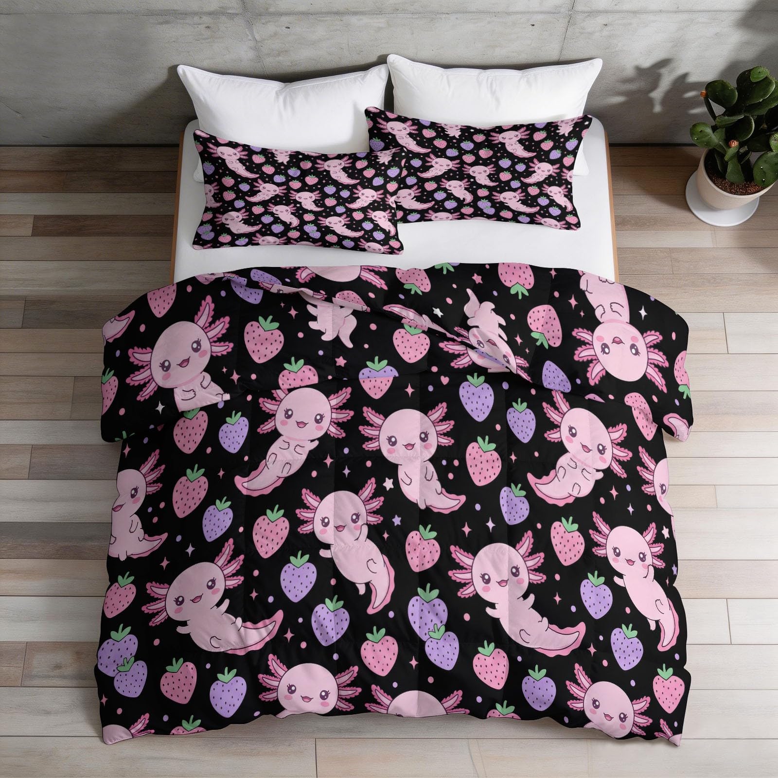 Träumerisch Girly Kołdra na 4 pory roku, 155 x 220 cm, miękka i nadająca się do prania, oddychająca kołdra bez poszewki, słodka, meksykańska aksolotl, dwustronna, różowo-fioletowa, letnia kołdra