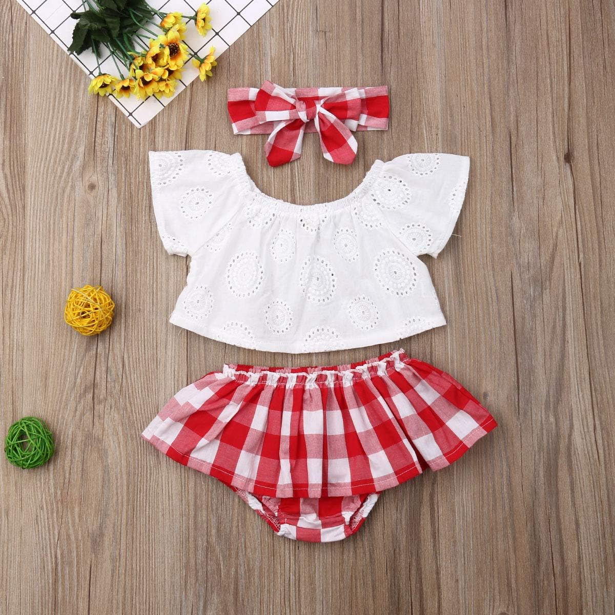 LXXIASHI 3PCS Baby Girl Summer Outfits Cold Shoulder Lace Crops Top + Plaid Skirts Bloomer Shorts + Headband Sets