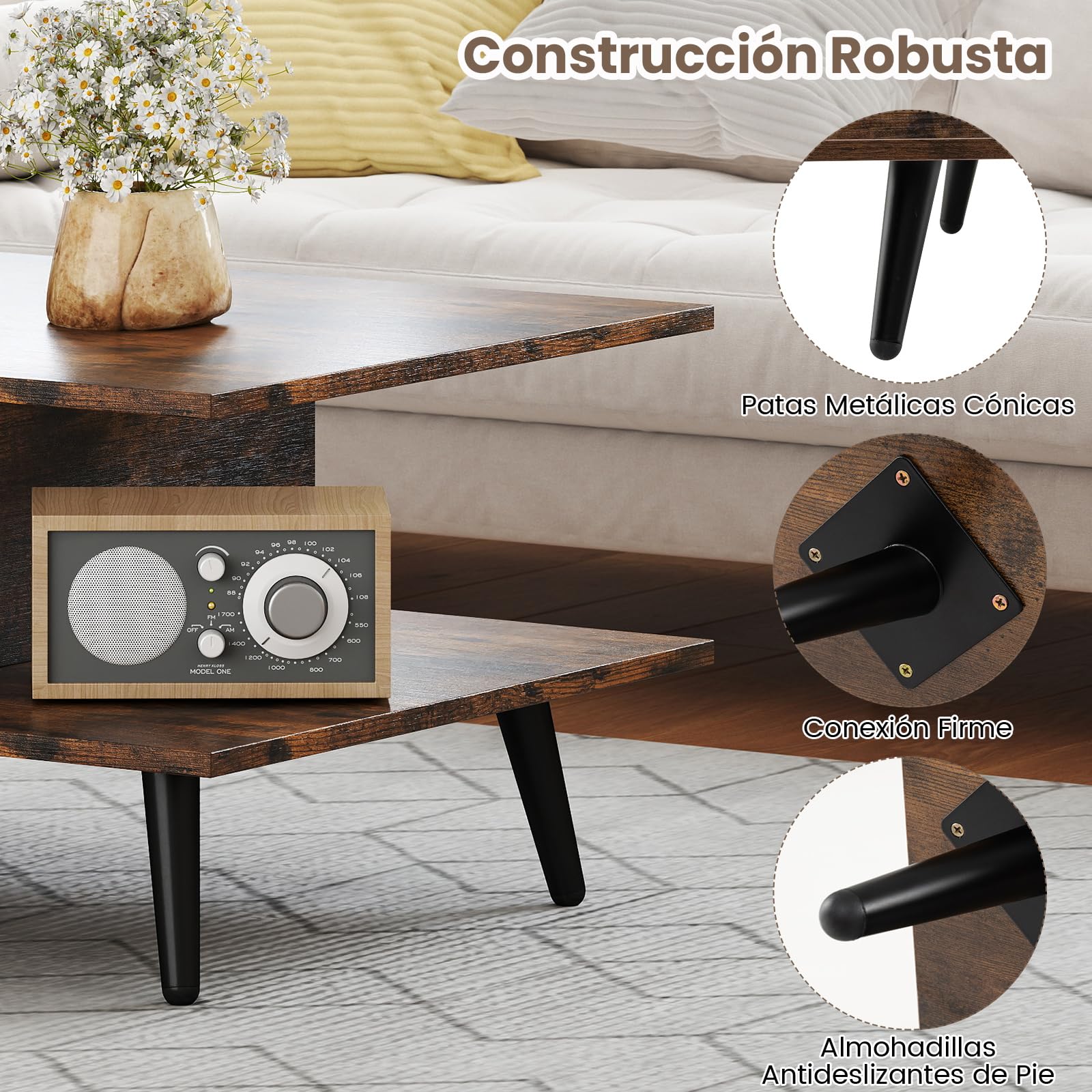 COSTWAY Mesa de Centro con Almacenamiento, Mesa Auxiliar Moderna con Estante Abierto, Mesita Central Rectangular de 2 Niveles con Patas Metálicas para Salon (Café)