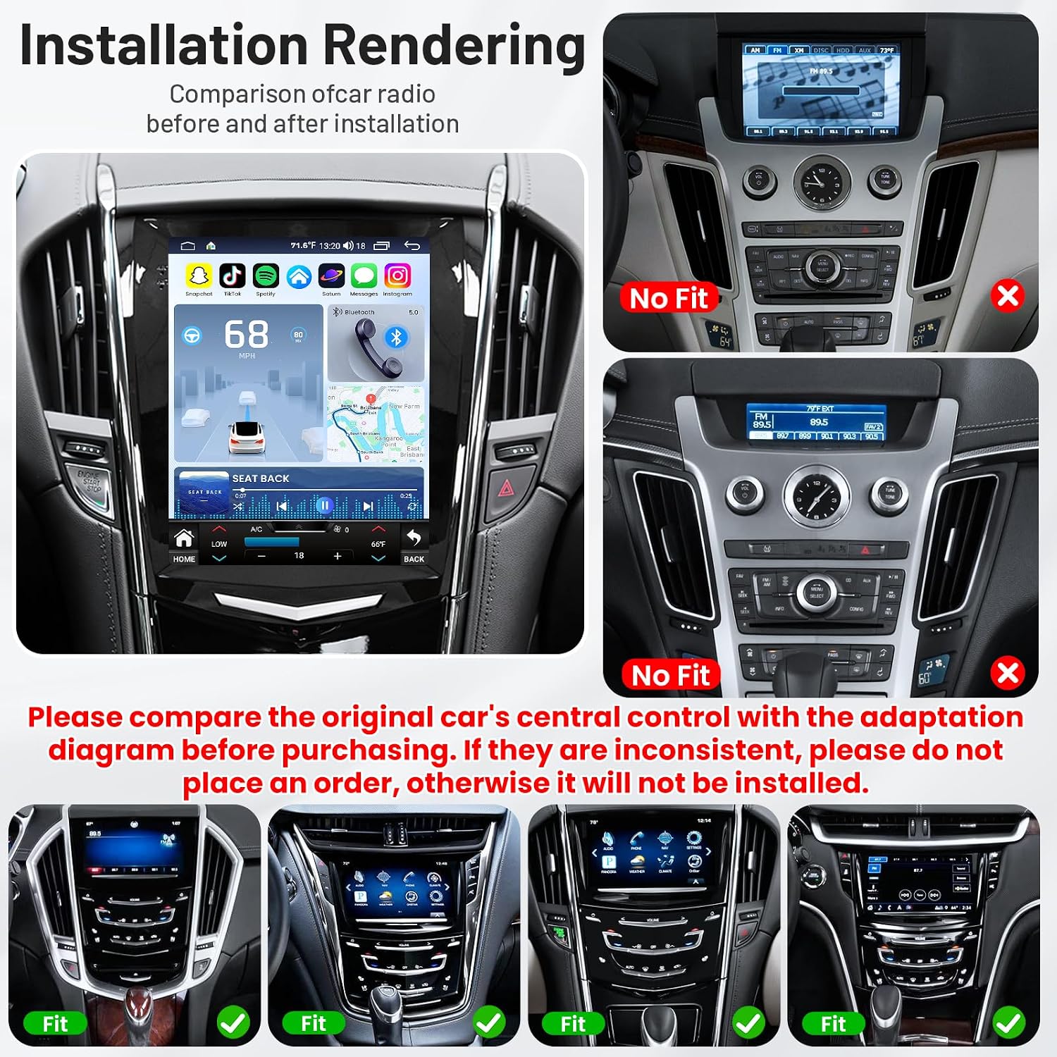Installation Rendering showing compatible and incompatible Cadillac dashboards