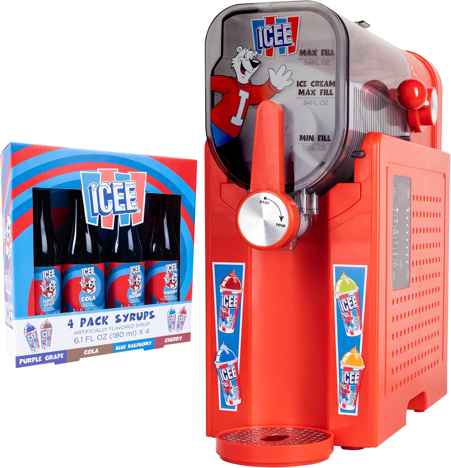 ICEE Pro Slushie Machine & 4 Pack Syrups– No Ice Needed Frozen Drink, Frappe, Milkshake & Ice Cream Maker | Home Slushy Machine, Countertop Frozen Drink Machine