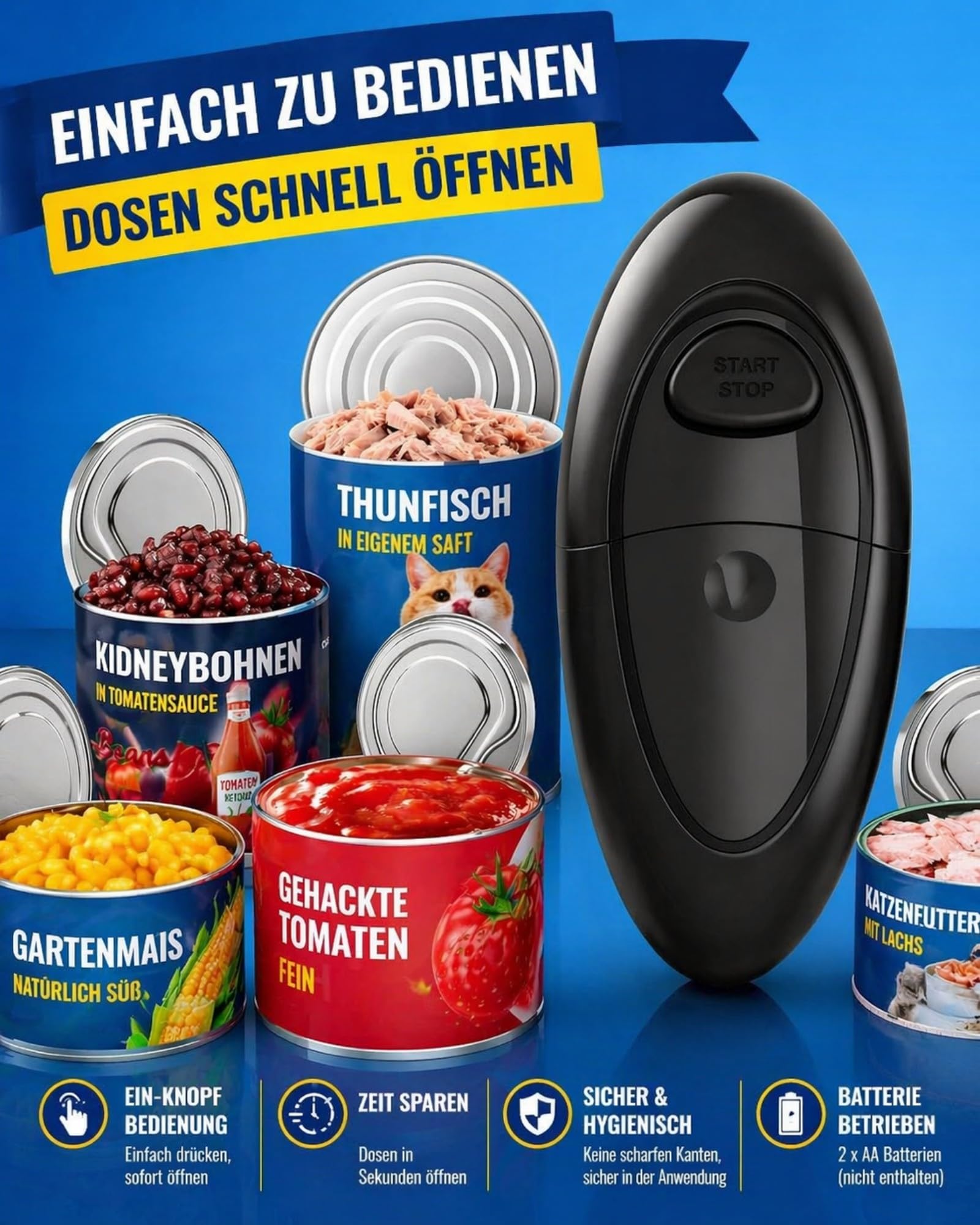 Apriscatole elettrico, One Touch automatico, senza fili, bordo liscio sicuro, per anziani mani deboli, apre tutte le dimensioni