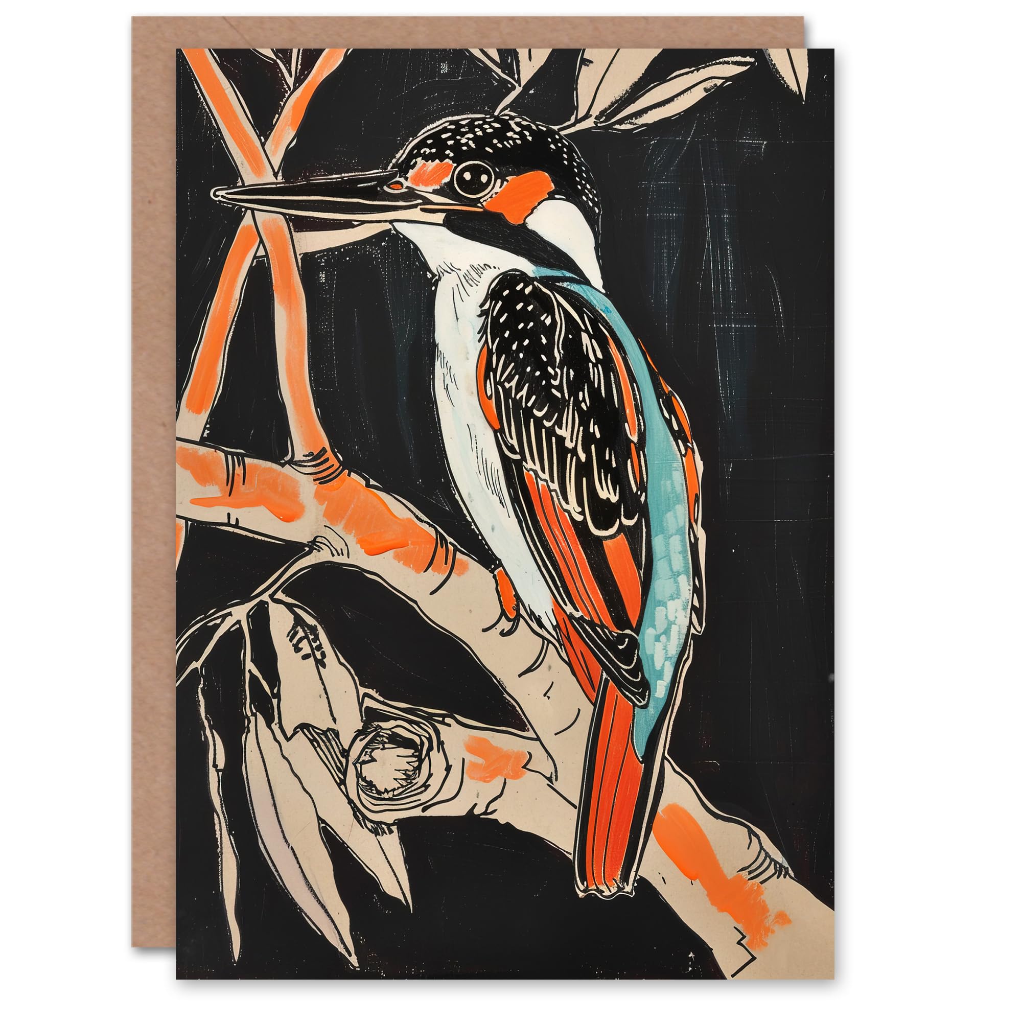 Artery8 Modernist Kingfisher Bird on Branch Black Orange Greeting Birthday Card Him Her All Blank