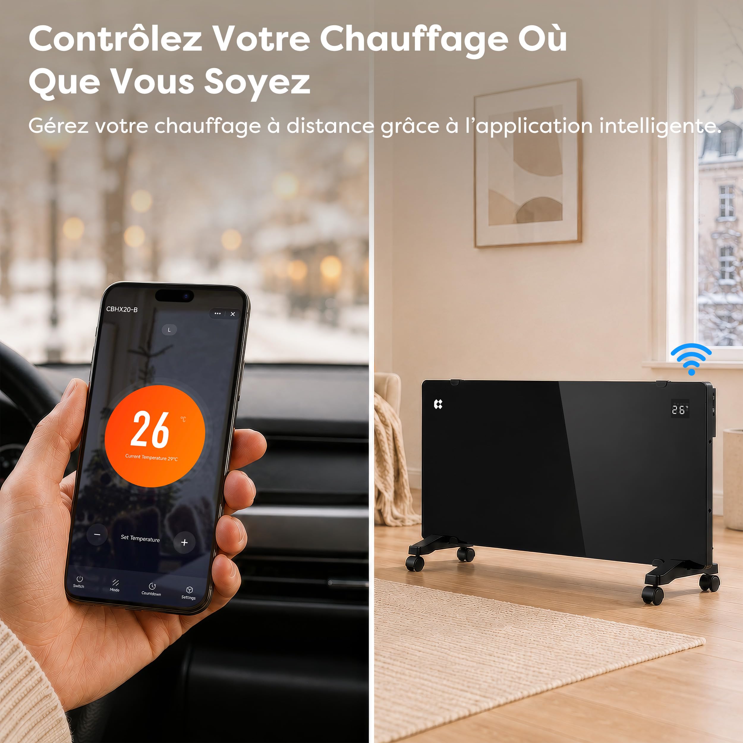 CIARRA CBHX20-B Radiateur Électrique 2000W WiFi PID, Élément X en alu