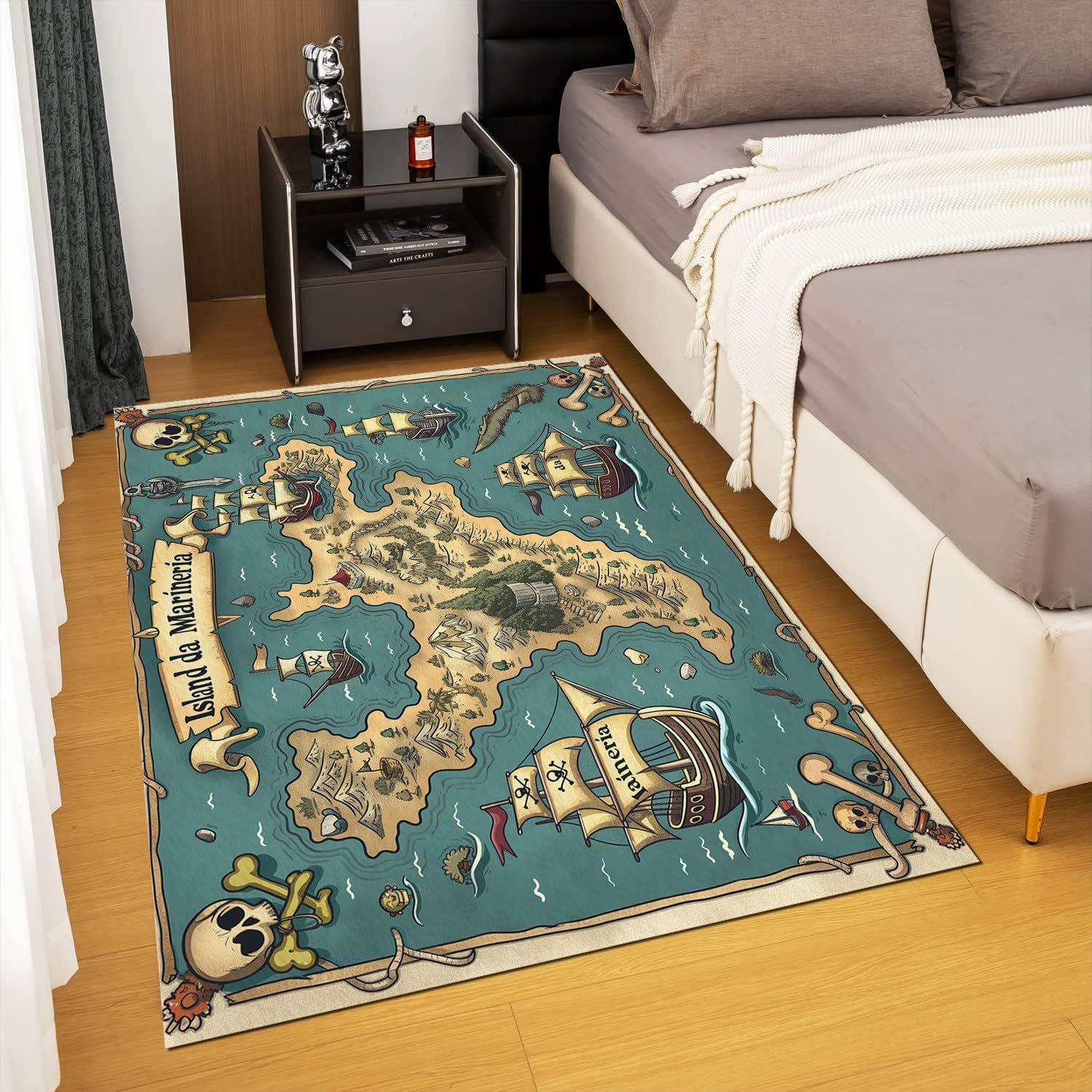 Area Rug 2 x 3 ft Print Fade Resistant Washable Carpets Pattern Pirate Treasure Map Print Ultra-Thin Non-Slip Rug for Bedroom Livingroom Children Room Home Decor Floor Mat Blue