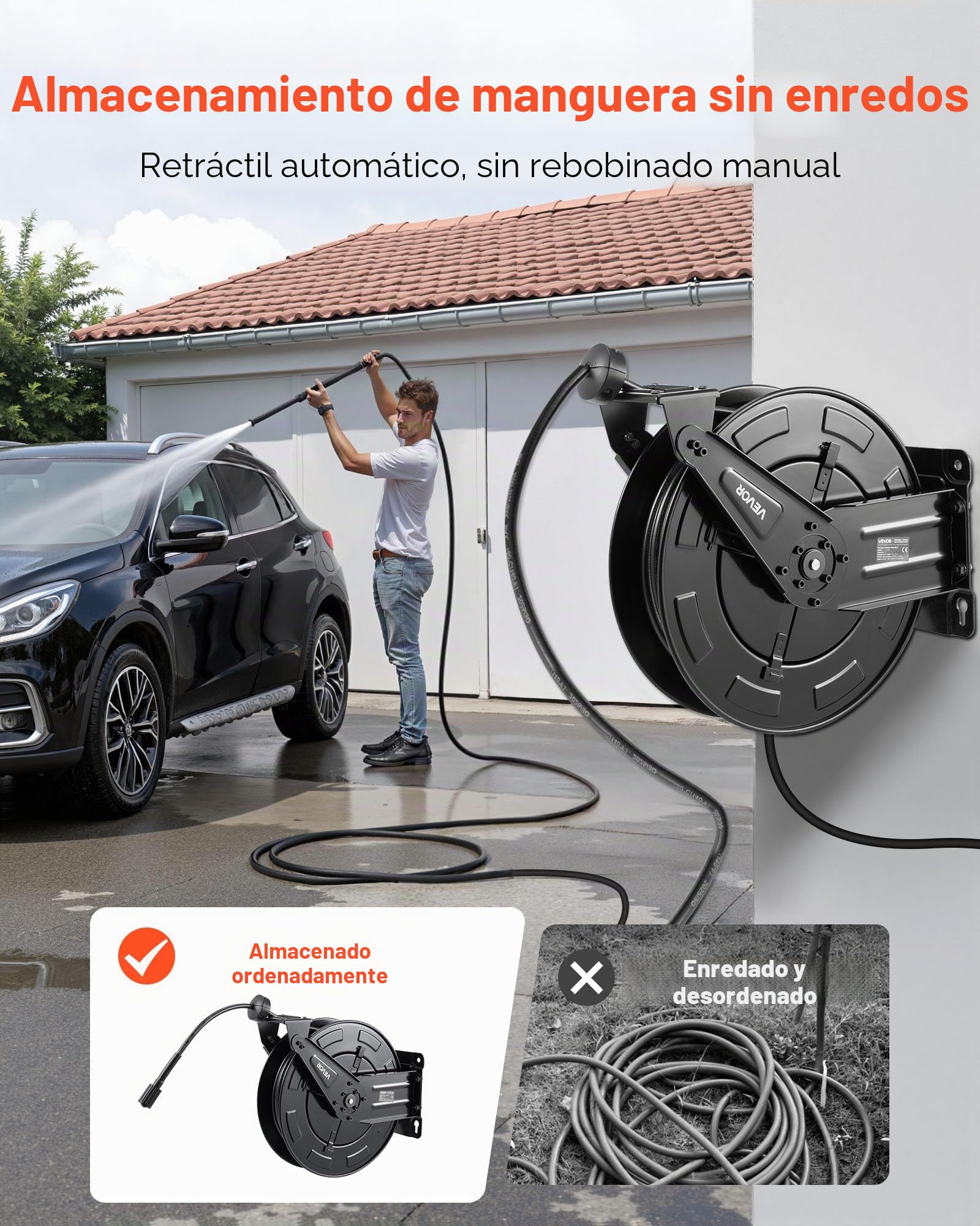 VEVOR Carrete de Manguera para Hidrolavadora 15,2 m x 9,5 mm, Retráctil de Acero, para Pared y Suelo, 275,8 bar de Presión, Rebobinado Automático para Lavado de Coches, Suelos y Jardines, Negro