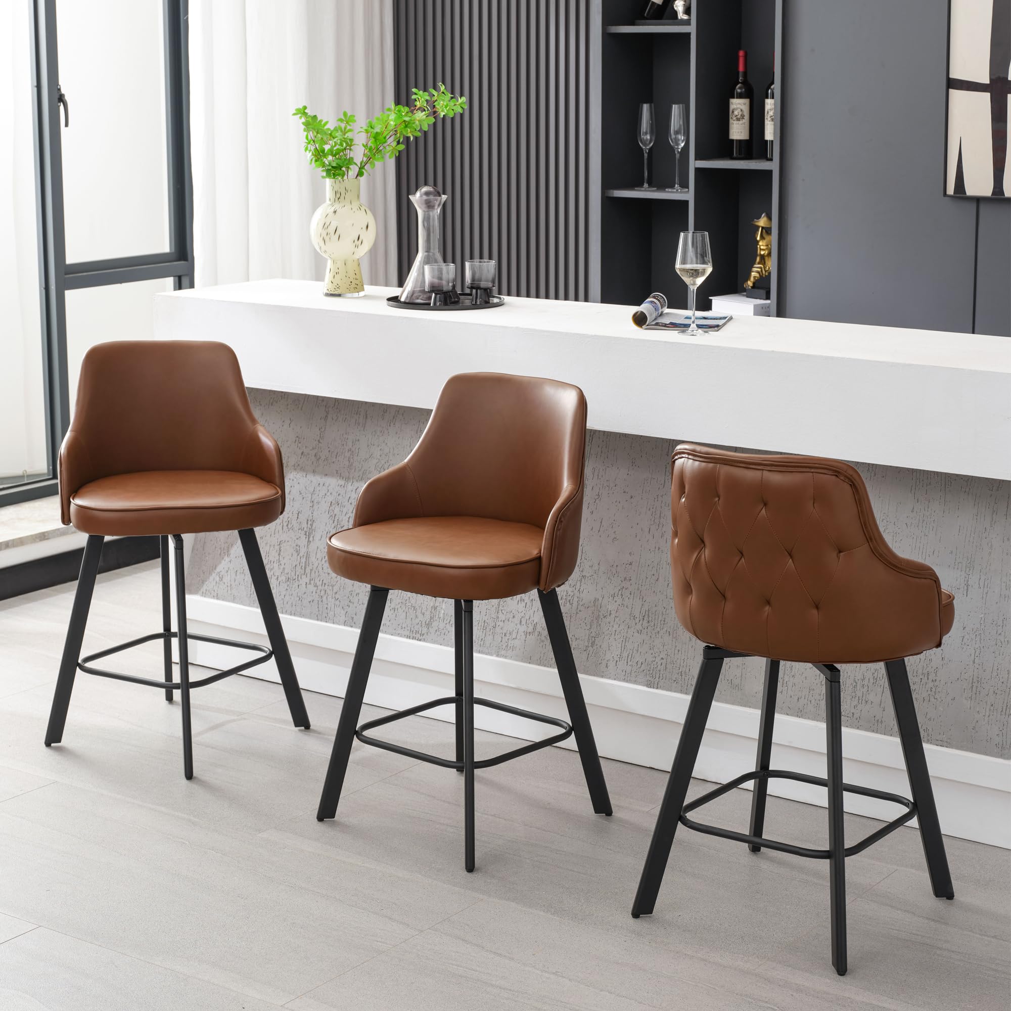 FIRAVOE Bar Stools Set of 3, 26" Swivel Counter Height Bar Stools with High Back, Faux Leather Kitchen Barstools Counter Height for Kitchen Island (