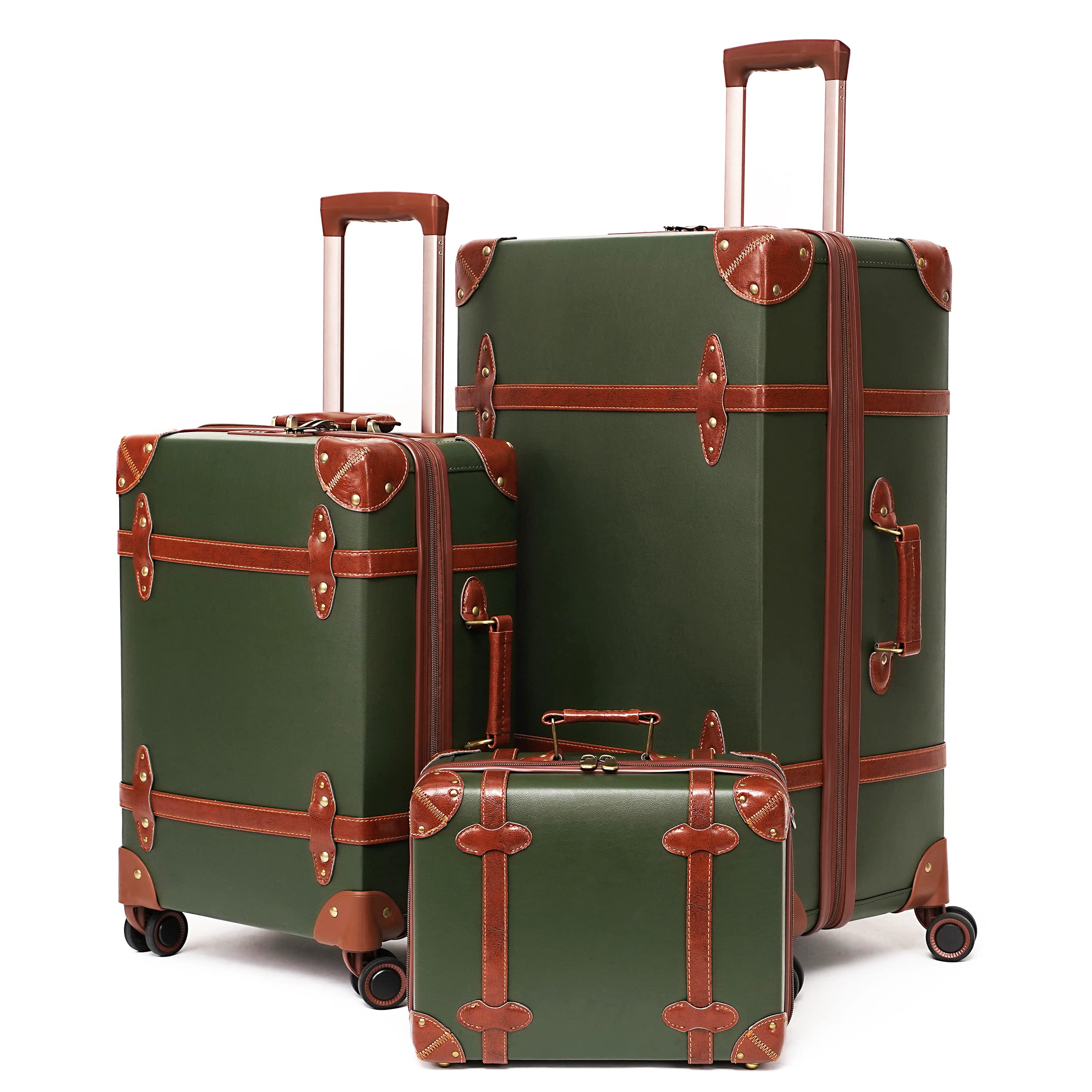 urecityVintage Luggage Sets, 3 Piece Retro Trolley Luggage Bag, Travel Luggage with Tsa Lock, Spinner Wheels and Beauty Case (14"+20"+28") Army Green