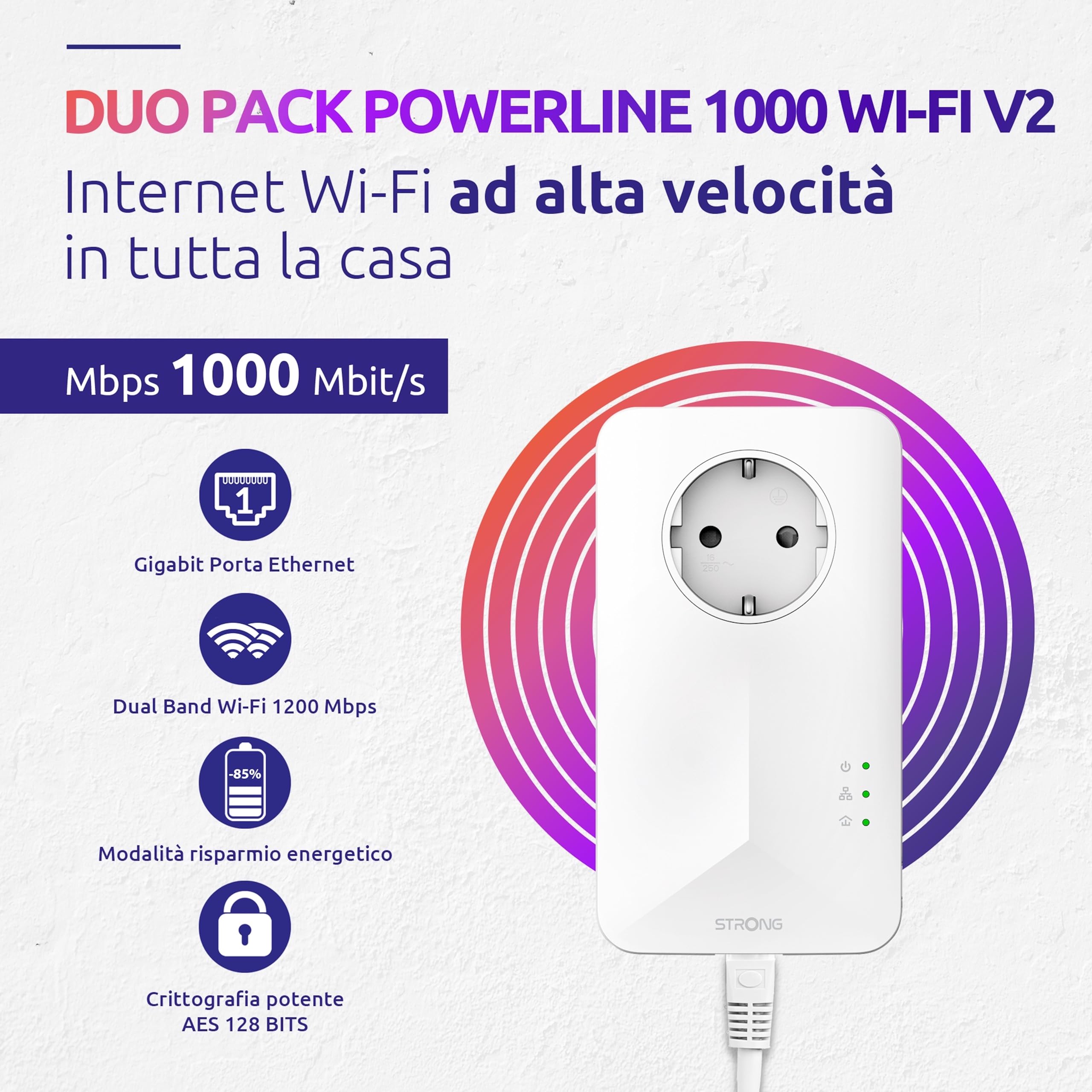 STRONG - Powerline 1000 Duo Wi-Fi EU - Adattatore Powerline 1000 + Wi-Fi 1200 Mbps - Internet Veloce - Presa Passante Schuko - Portata di 300m - Per Tutti i Modem/Router - Hotspot + Ethernet - Bianco