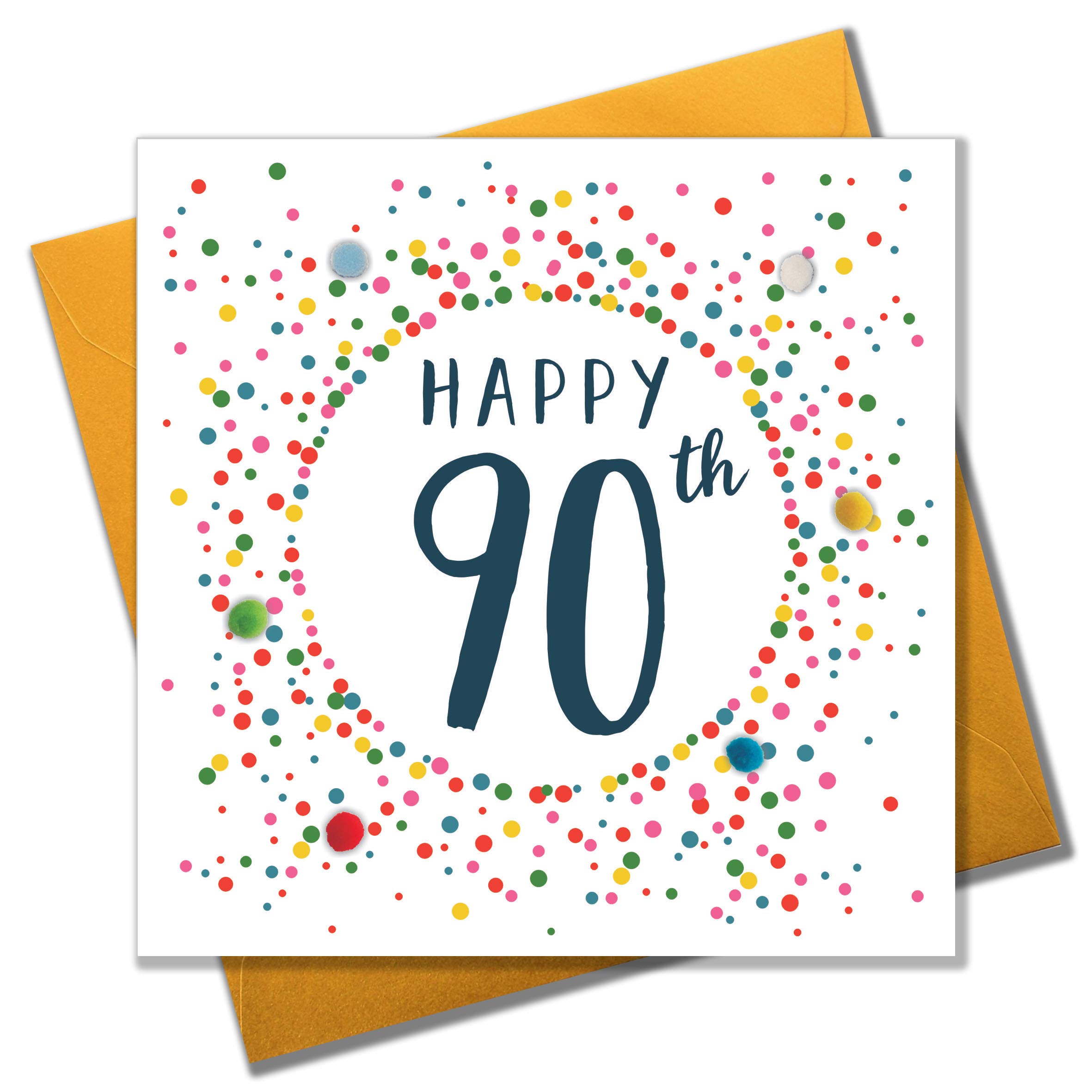 Claire Giles Greeting Cards, Happy 90th Birthday Card, Dotty Age 90 Greeting Card, Embellished with Colourful Pompoms