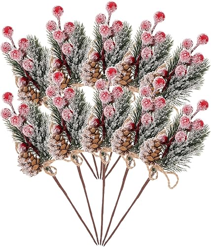 10 piezas de ramas artificiales de pino de bayas rojas de Navidad, púas de pino, tallos de acebo surtidos con arreglo de árbol de Navidad