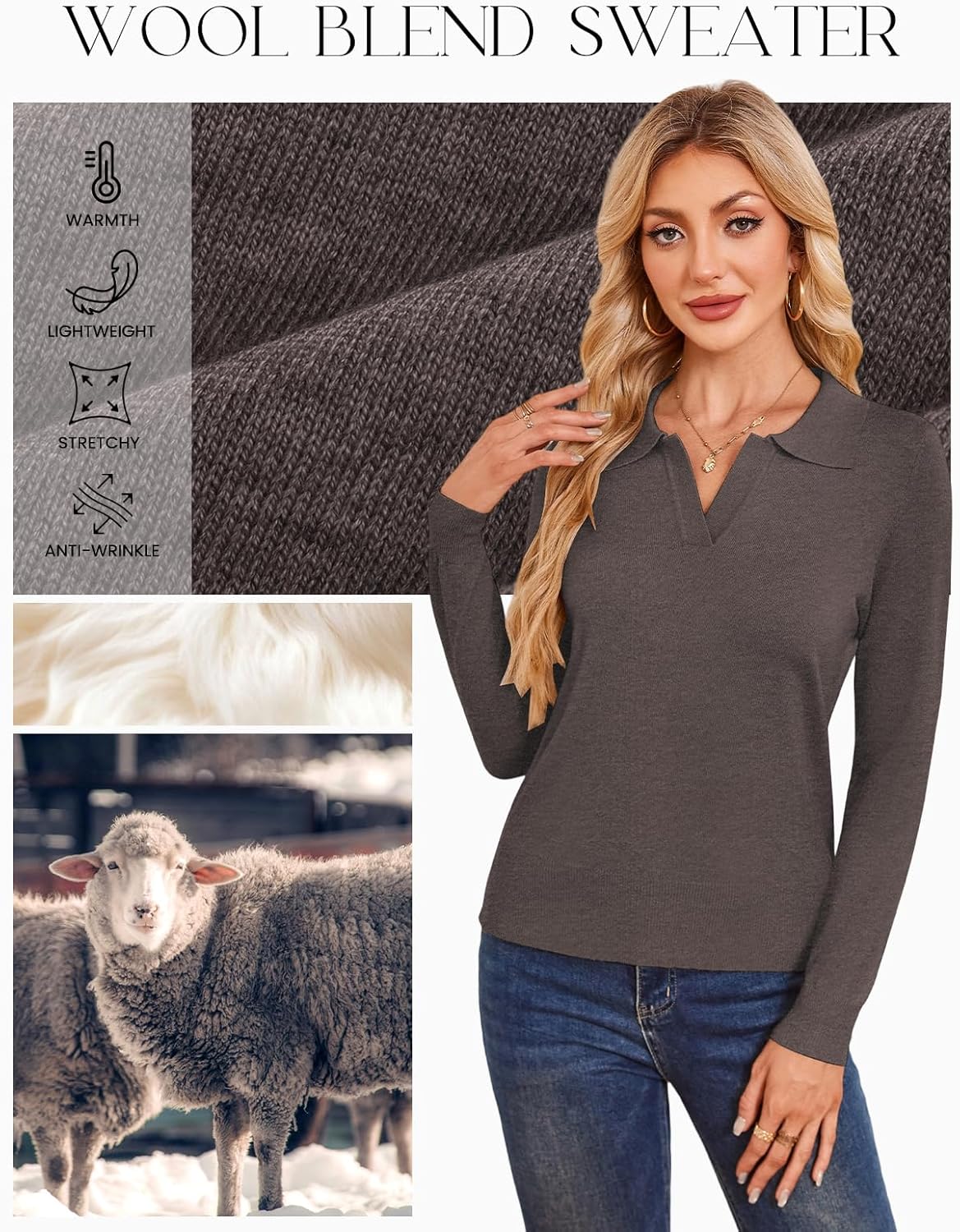 Kate Kasin 2026 Women's Wool Blend Sweaters, Long Sleeve Polo Shirts, V Neck Knitted Fall Tops - Image 4